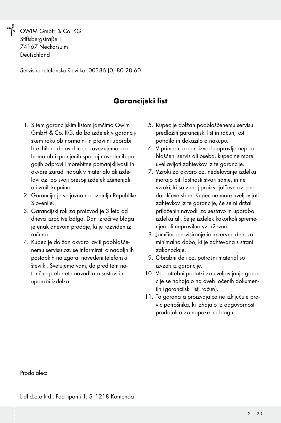 Garancijski list | Ultimate Speed Z32196 User Manual | Page 23 / 37