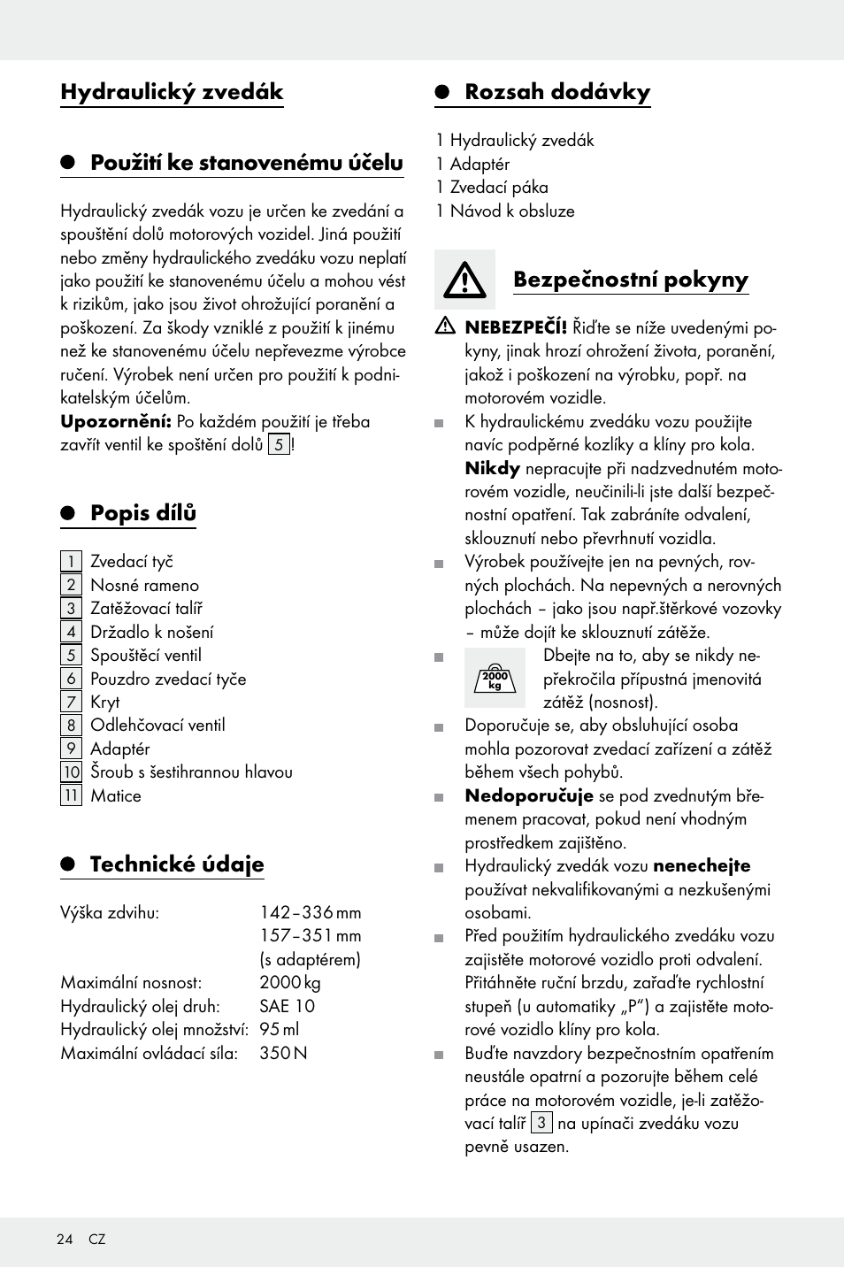 Hydraulický zvedák použití ke stanovenému účelu, Popis dílů, Technické údaje | Rozsah dodávky, Bezpečnostní pokyny | Ultimate Speed Z32196 User Manual | Page 24 / 37