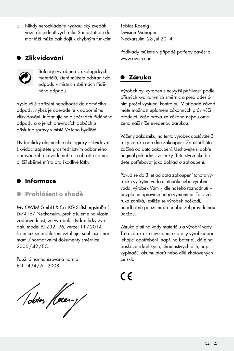 Zlikvidování, Informace prohlášení o shodě, Záruka | Ultimate Speed Z32196 User Manual | Page 27 / 37