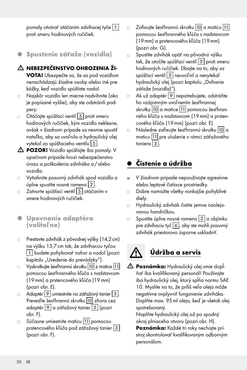 Spustenie záťaže (vozidla), Upevnenie adaptéra (voliteľne), Čistenie a údržba | Údržba a servis | Ultimate Speed Z32196 User Manual | Page 30 / 37