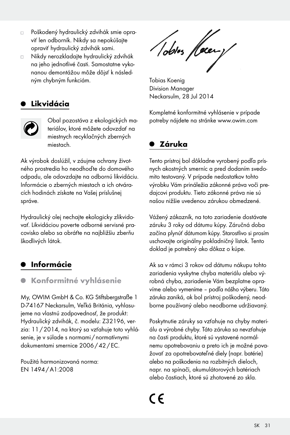Likvidácia, Informácie konformitné vyhlásenie, Záruka | Ultimate Speed Z32196 User Manual | Page 31 / 37