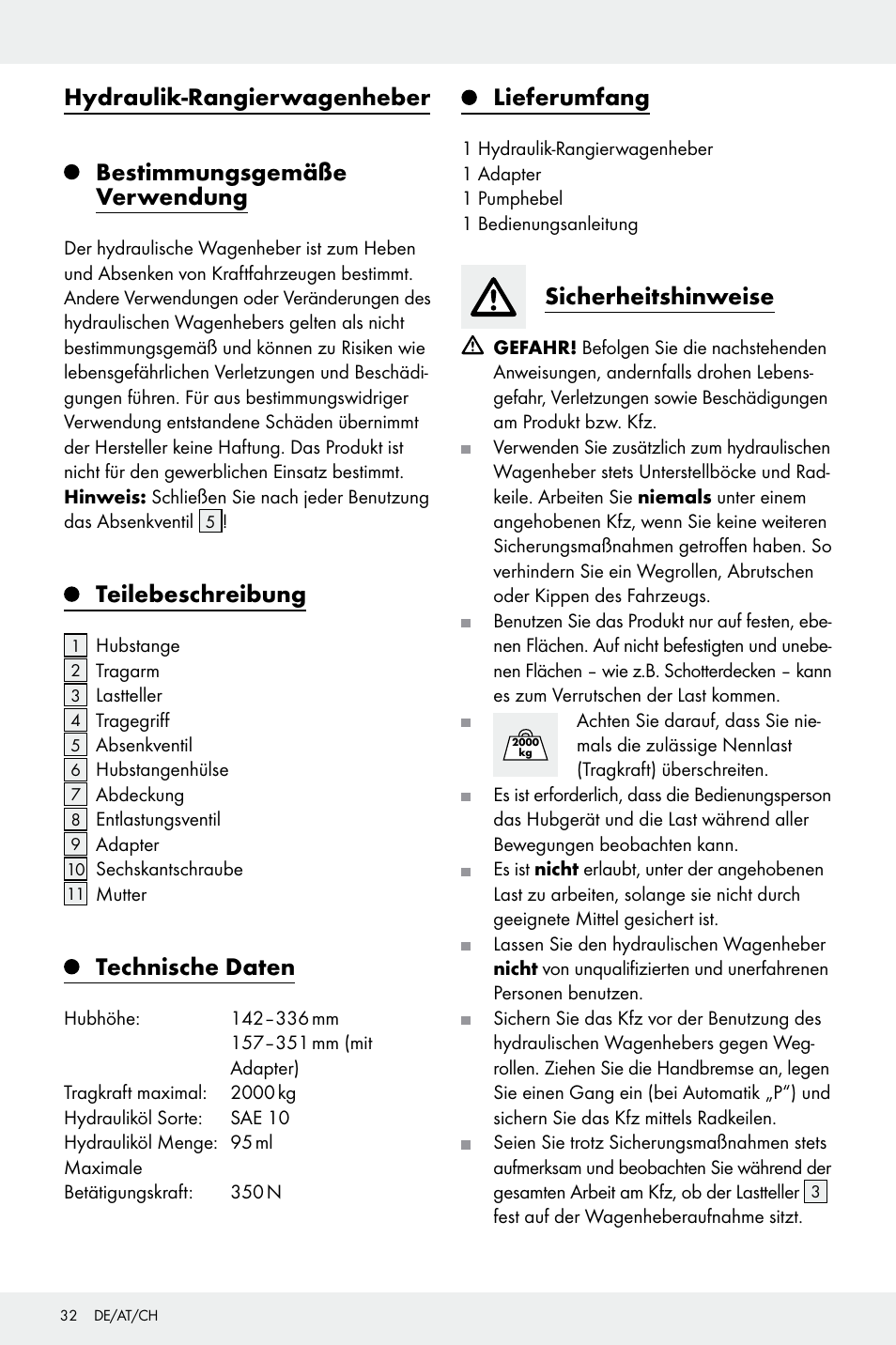 Hydraulik-rangierwagenheber, Bestimmungsgemäße verwendung, Teilebeschreibung | Technische daten, Lieferumfang, Sicherheitshinweise | Ultimate Speed Z32196 User Manual | Page 32 / 37