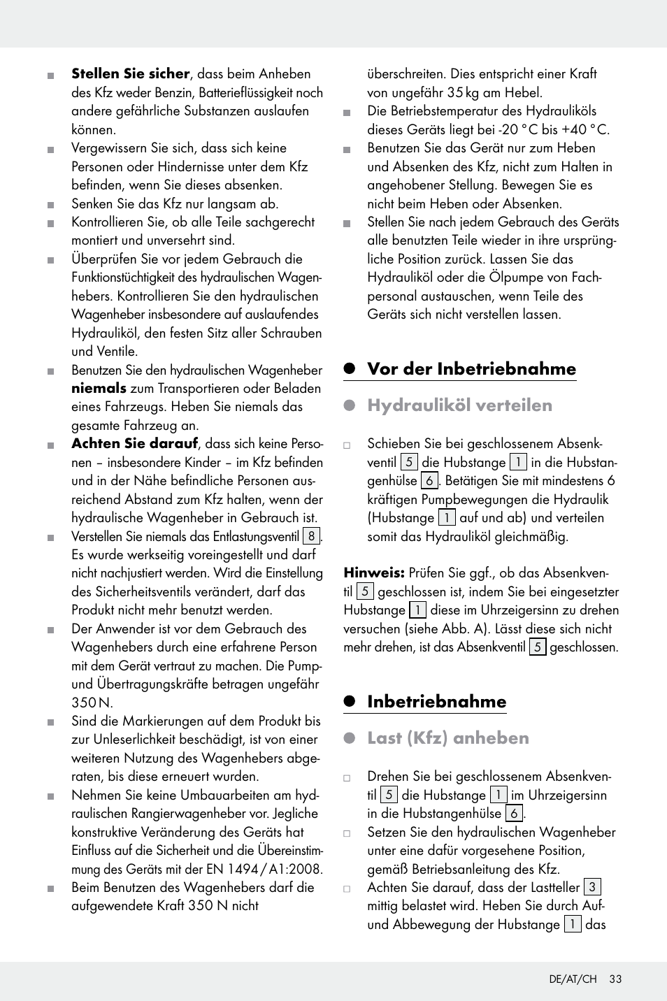 Vor der inbetriebnahme hydrauliköl verteilen, Inbetriebnahme last (kfz) anheben | Ultimate Speed Z32196 User Manual | Page 33 / 37