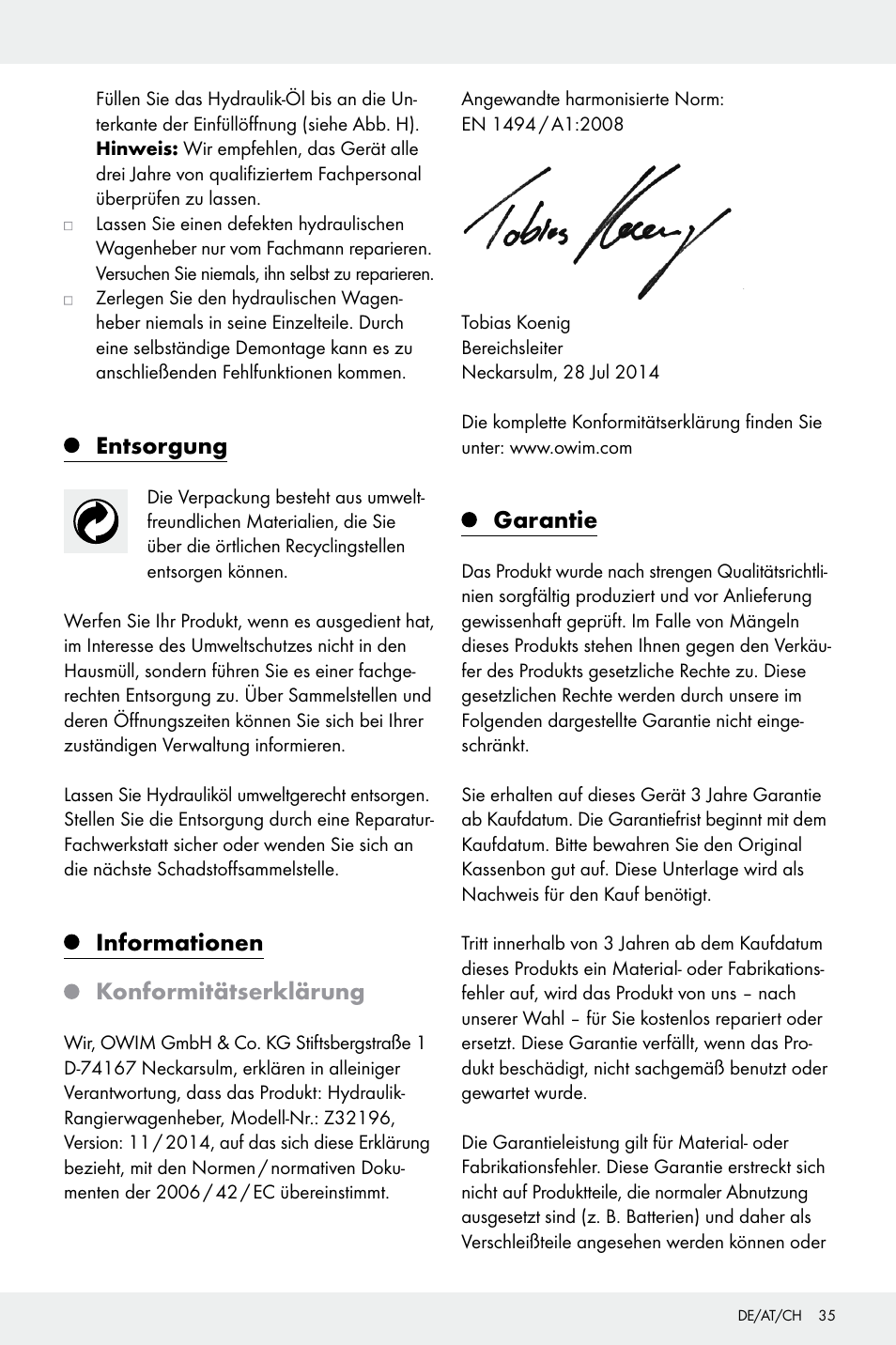Entsorgung, Informationen, Konformitätserklärung | Garantie | Ultimate Speed Z32196 User Manual | Page 35 / 37