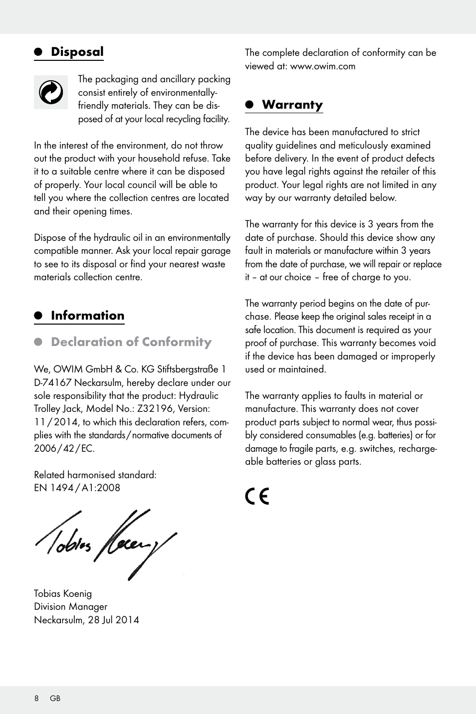 Disposal, Information declaration of conformity, Warranty | Ultimate Speed Z32196 User Manual | Page 8 / 37