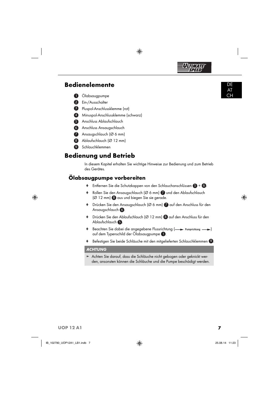 Bedienelemente, Bedienung und betrieb, Ölabsaugpumpe vorbereiten | De at ch | Ultimate Speed UOP 12 A1 User Manual | Page 10 / 52