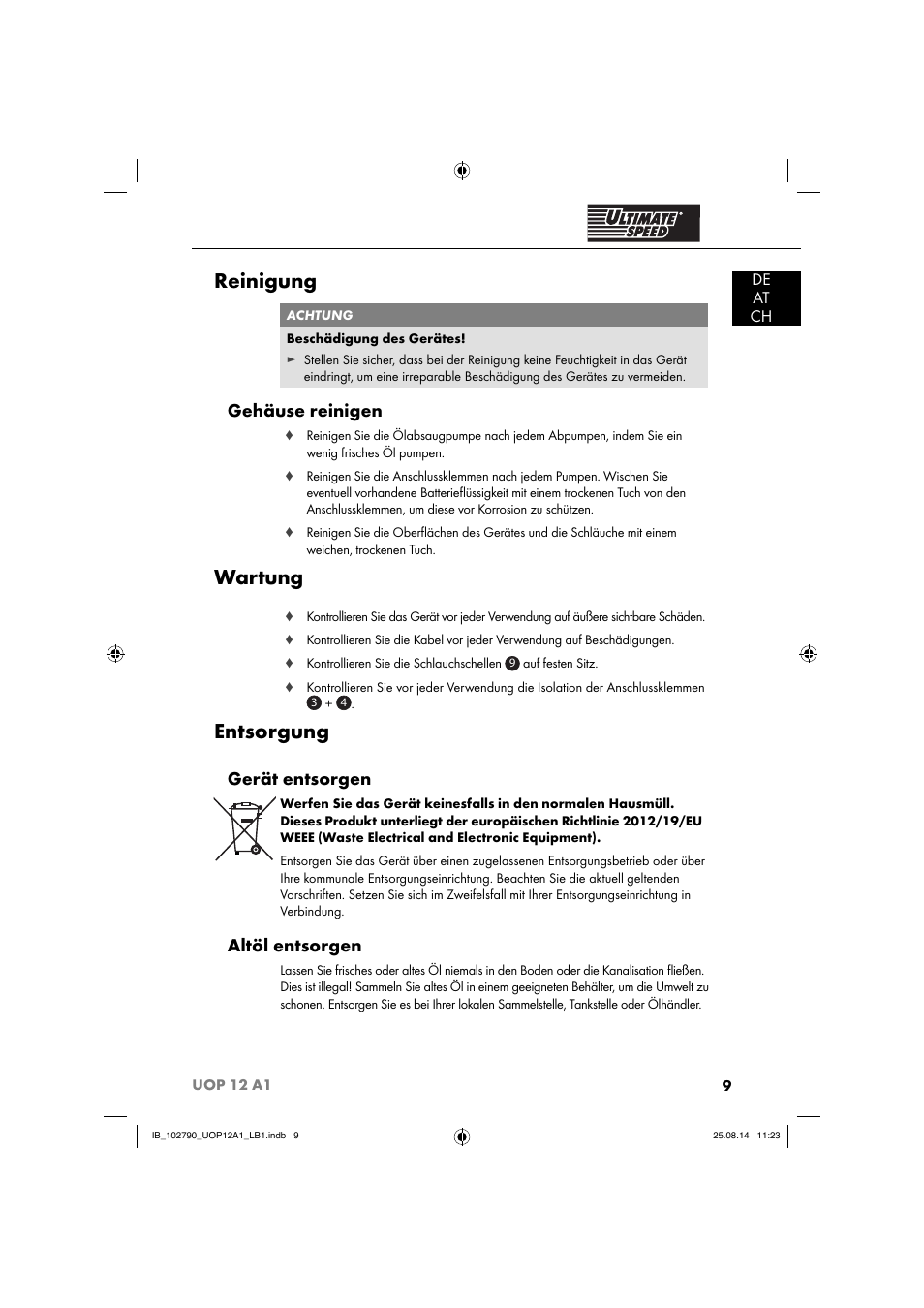 Reinigung, Wartung, Entsorgung | Gehäuse reinigen, Gerät entsorgen, Altöl entsorgen, De at ch | Ultimate Speed UOP 12 A1 User Manual | Page 12 / 52