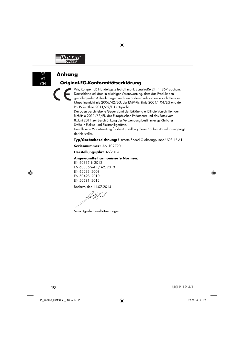 Anhang, Original-eg-konformitätserklärung, De at ch | Ultimate Speed UOP 12 A1 User Manual | Page 13 / 52