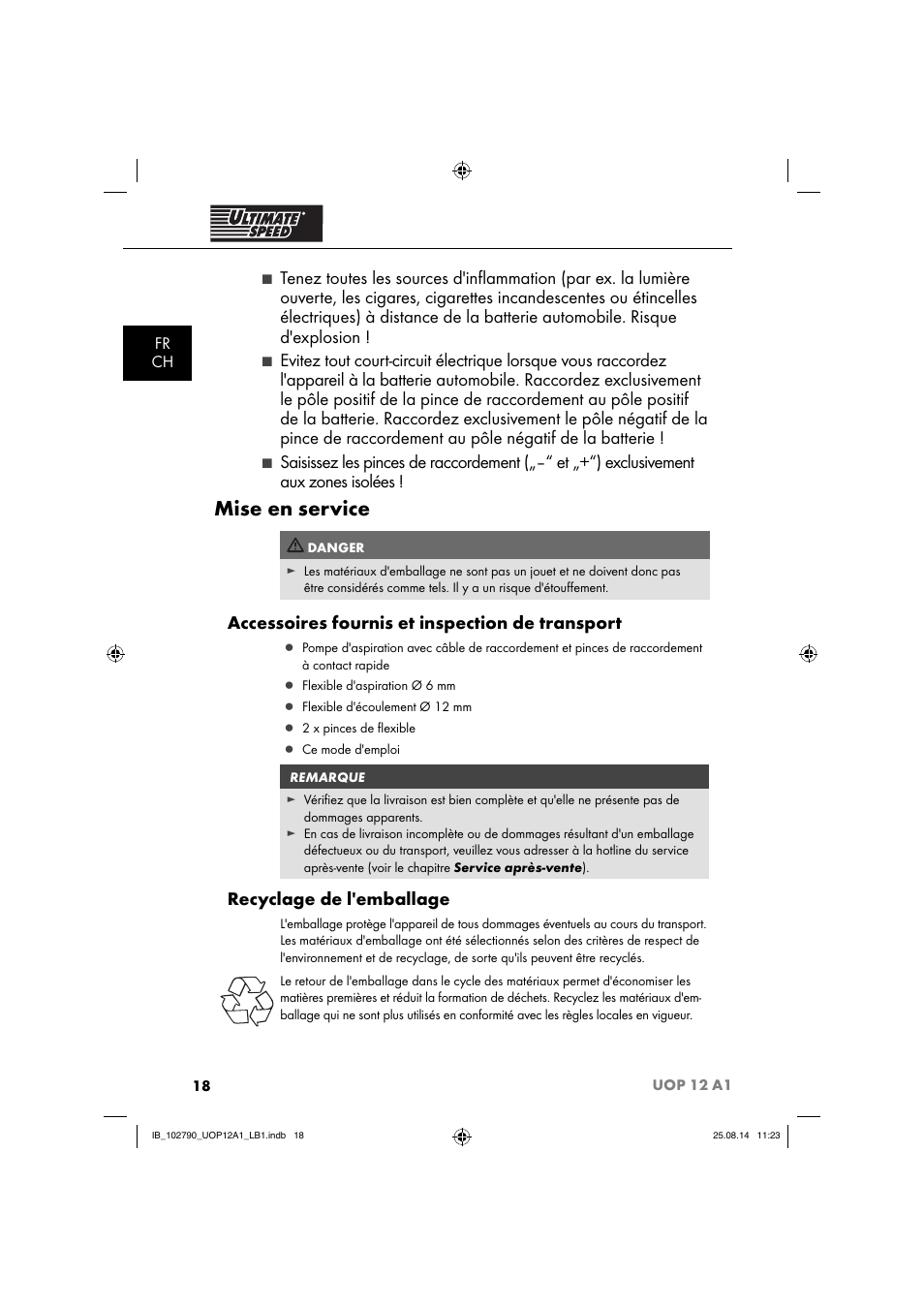 Mise en service, Accessoires fournis et inspection de transport, Recyclage de l'emballage | Fr ch | Ultimate Speed UOP 12 A1 User Manual | Page 21 / 52