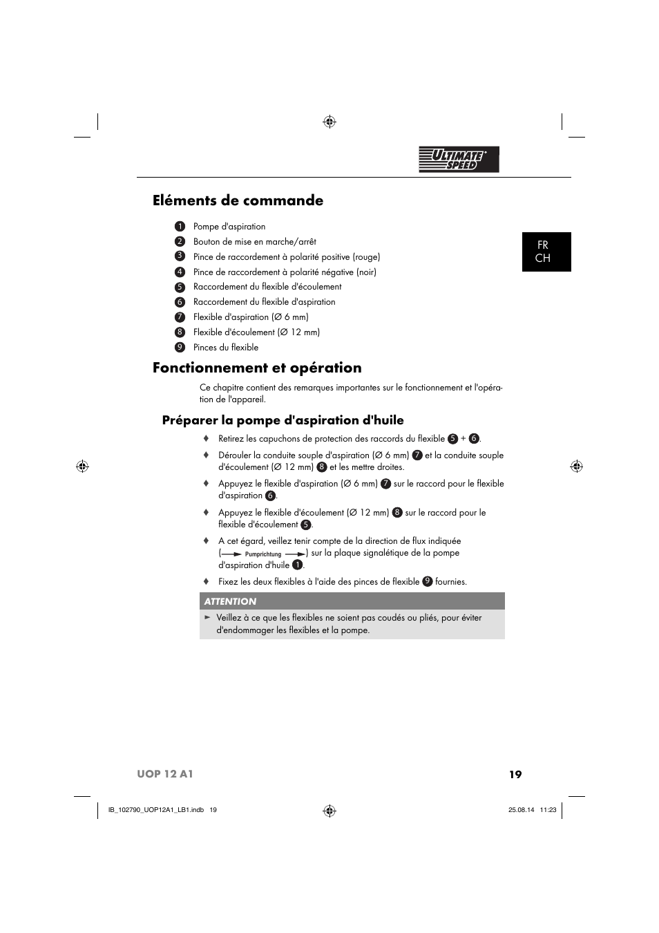 Eléments de commande, Fonctionnement et opération, Préparer la pompe d'aspiration d'huile | Fr ch | Ultimate Speed UOP 12 A1 User Manual | Page 22 / 52