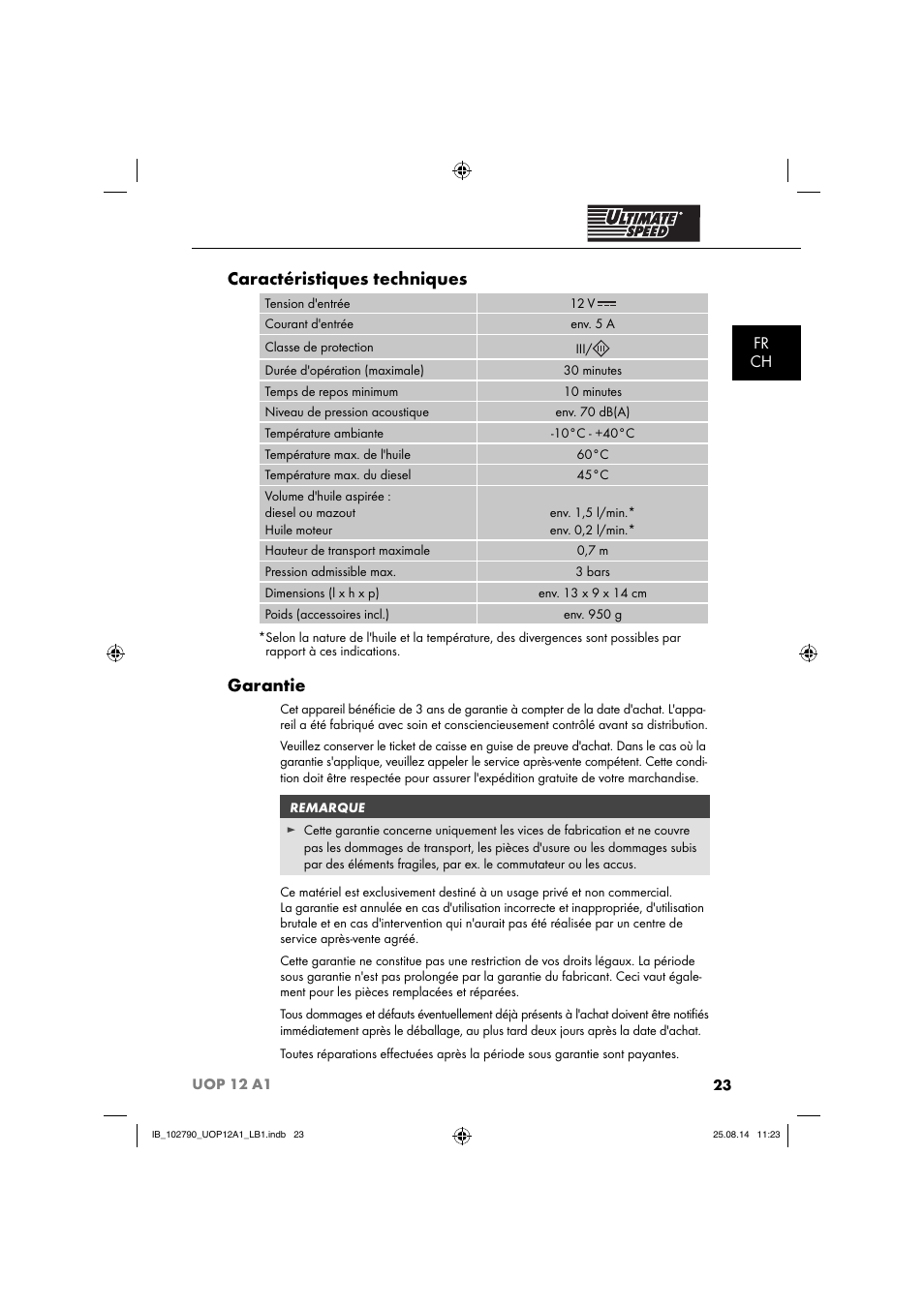 Caractéristiques techniques, Garantie, Fr ch | Ultimate Speed UOP 12 A1 User Manual | Page 26 / 52
