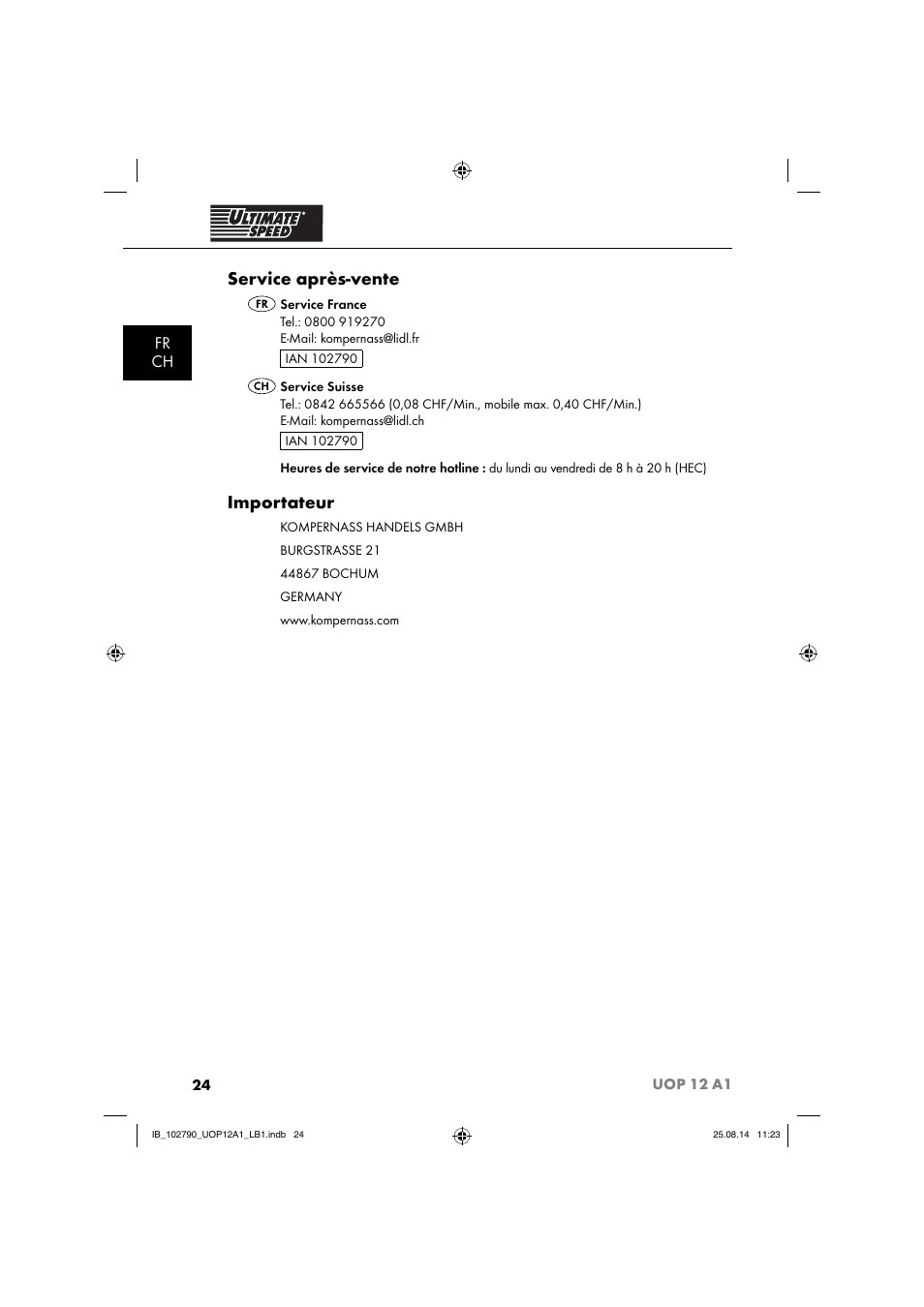 Service après-vente, Importateur, Fr ch | Ultimate Speed UOP 12 A1 User Manual | Page 27 / 52
