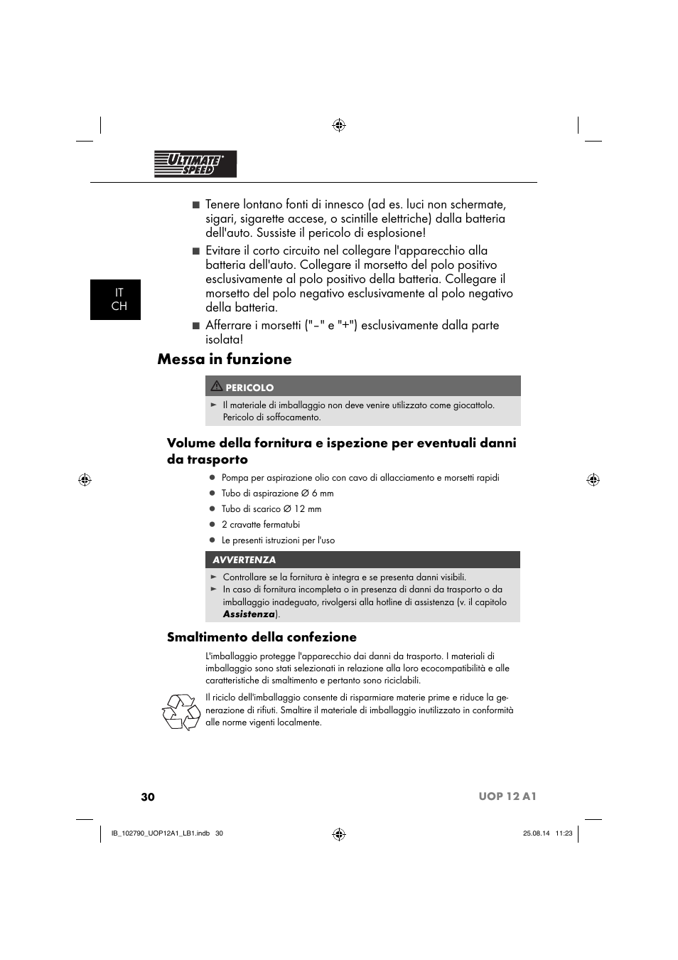 Messa in funzione, Smaltimento della confezione, It ch | Ultimate Speed UOP 12 A1 User Manual | Page 33 / 52