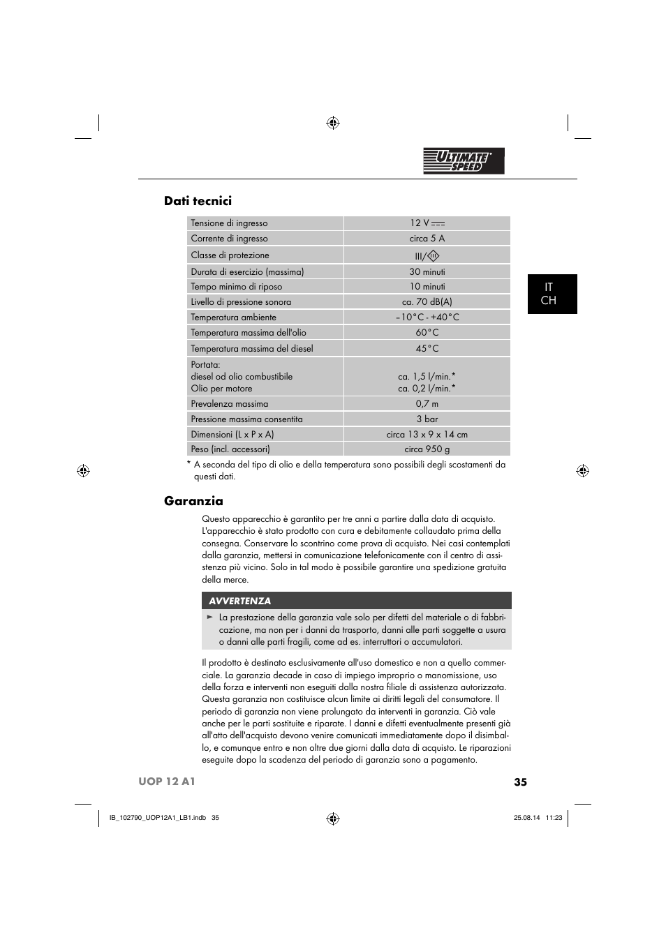 Dati tecnici, Garanzia, It ch | Ultimate Speed UOP 12 A1 User Manual | Page 38 / 52