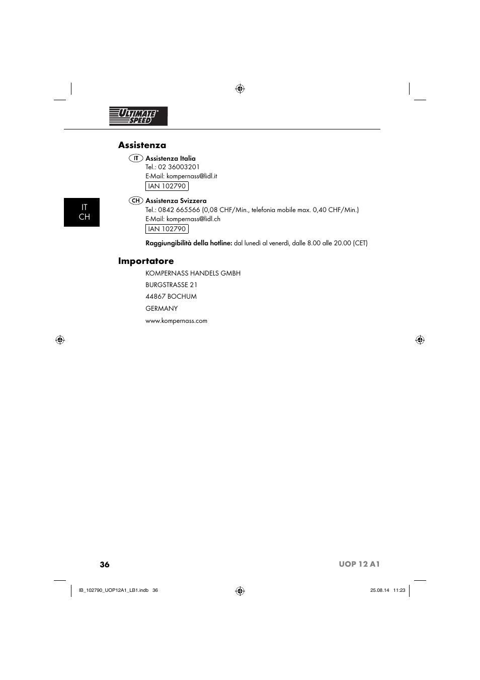 Assistenza, Importatore, It ch | Ultimate Speed UOP 12 A1 User Manual | Page 39 / 52