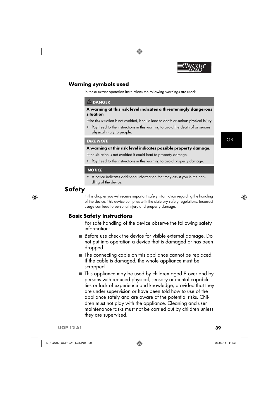 Safety, Warning symbols used | Ultimate Speed UOP 12 A1 User Manual | Page 42 / 52