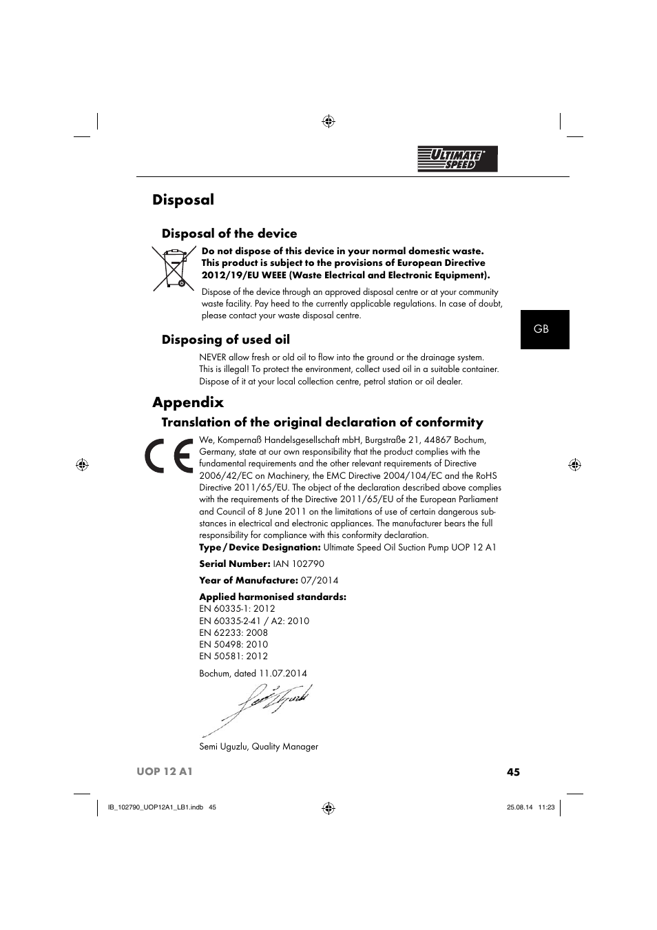 Disposal, Appendix, Disposal of the device | Disposing of used oil | Ultimate Speed UOP 12 A1 User Manual | Page 48 / 52