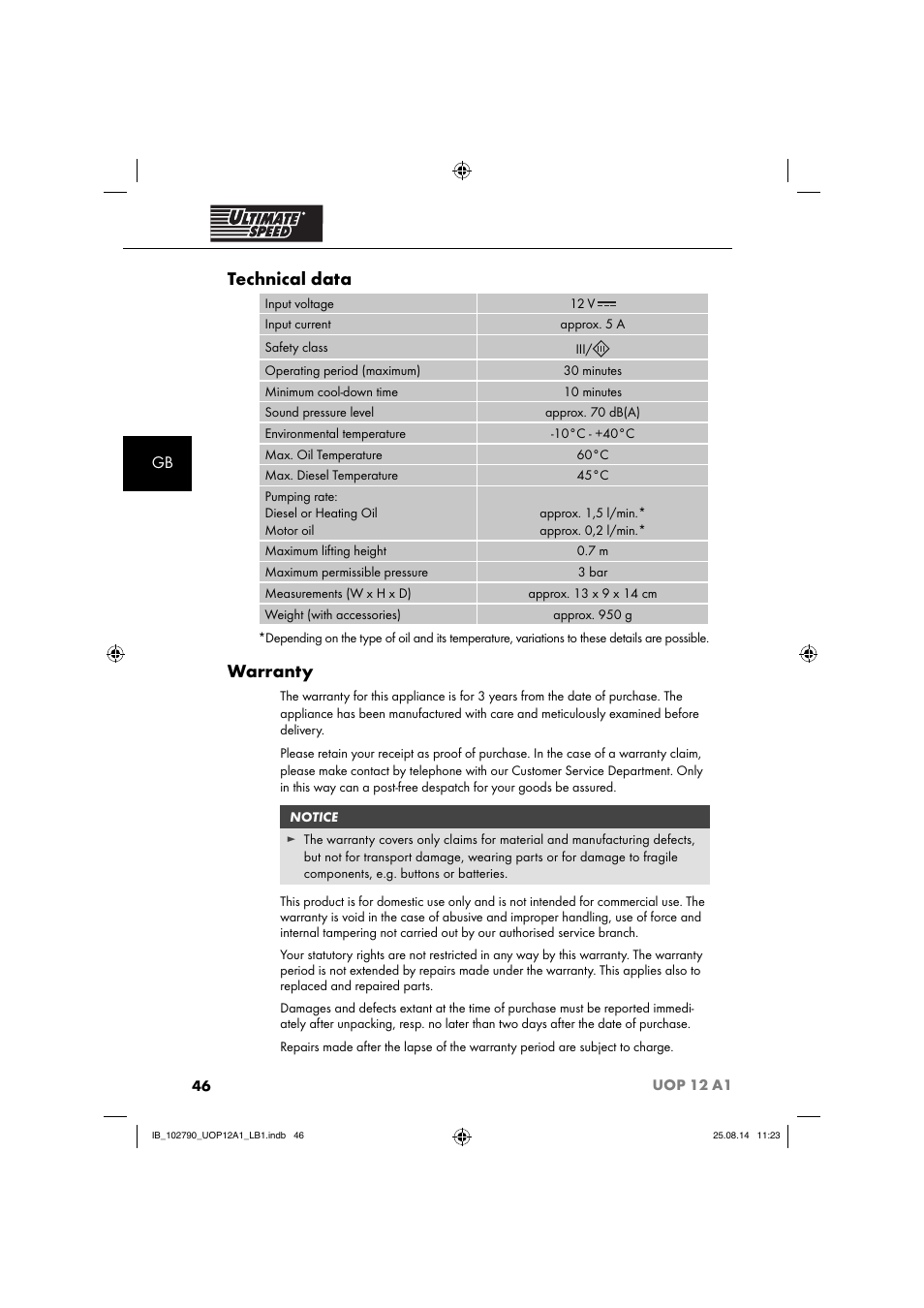 Technical data, Warranty | Ultimate Speed UOP 12 A1 User Manual | Page 49 / 52