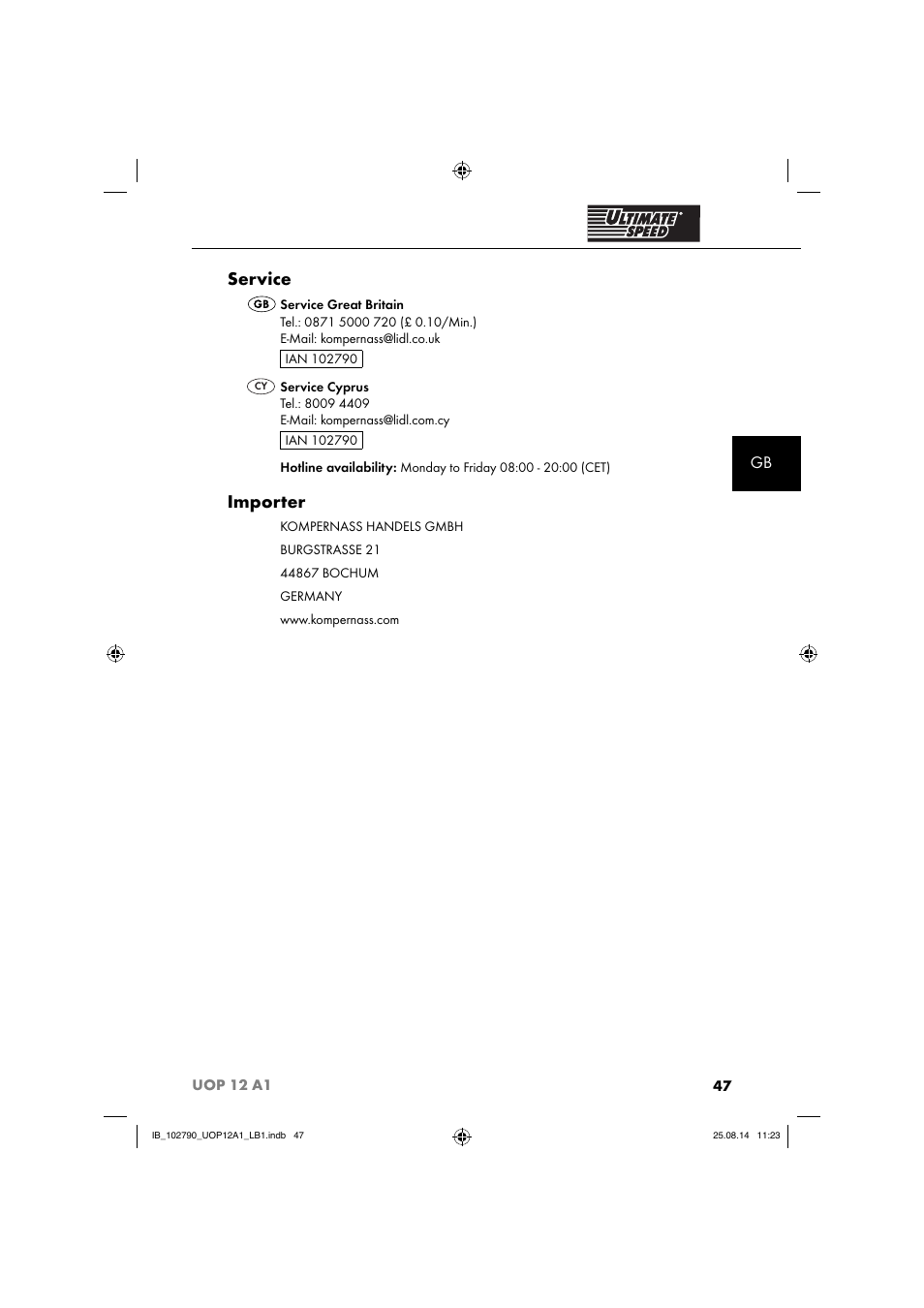 Service, Importer | Ultimate Speed UOP 12 A1 User Manual | Page 50 / 52