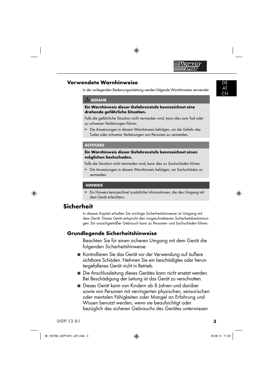 Sicherheit, Verwendete warnhinweise, De at ch | Ultimate Speed UOP 12 A1 User Manual | Page 6 / 52