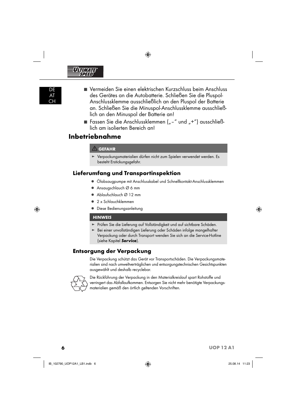 Inbetriebnahme, Lieferumfang und transportinspektion, Entsorgung der verpackung | De at ch | Ultimate Speed UOP 12 A1 User Manual | Page 9 / 52