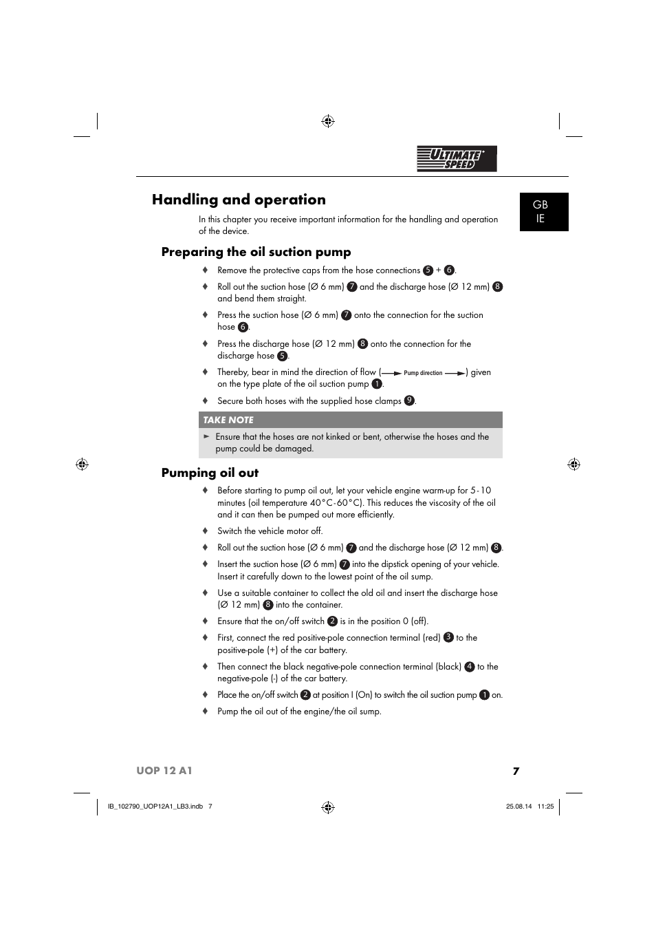 Handling and operation, Preparing the oil suction pump, Pumping oil out | Gb ie | Ultimate Speed UOP 12 A1 User Manual | Page 10 / 76