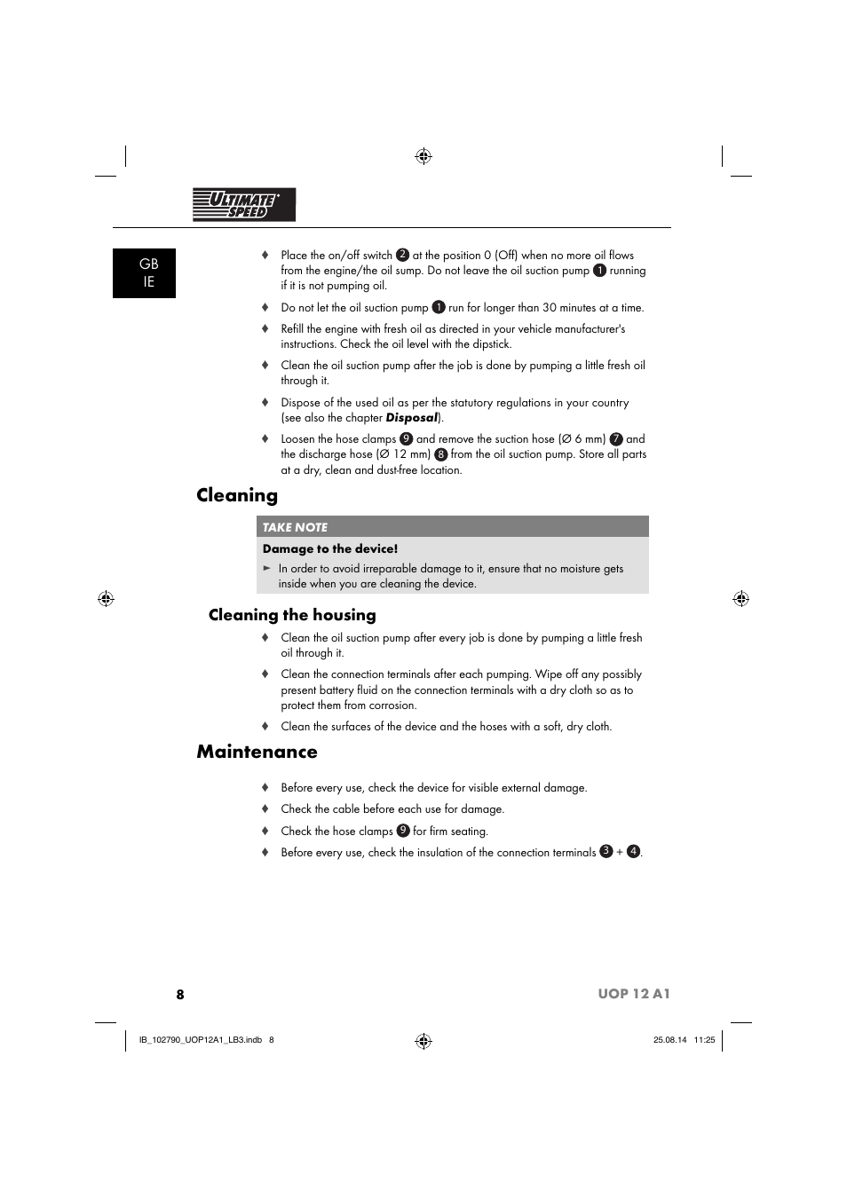 Cleaning, Maintenance, Cleaning the housing | Gb ie | Ultimate Speed UOP 12 A1 User Manual | Page 11 / 76