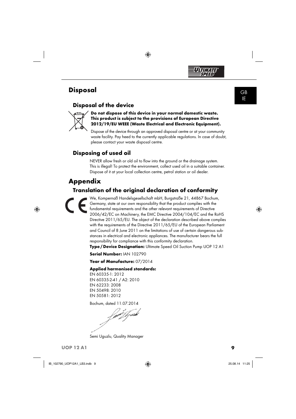 Disposal, Appendix, Disposal of the device | Disposing of used oil, Gb ie | Ultimate Speed UOP 12 A1 User Manual | Page 12 / 76