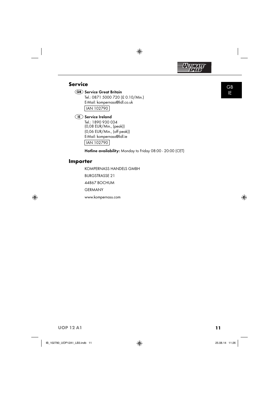 Service, Importer, Gb ie | Ultimate Speed UOP 12 A1 User Manual | Page 14 / 76