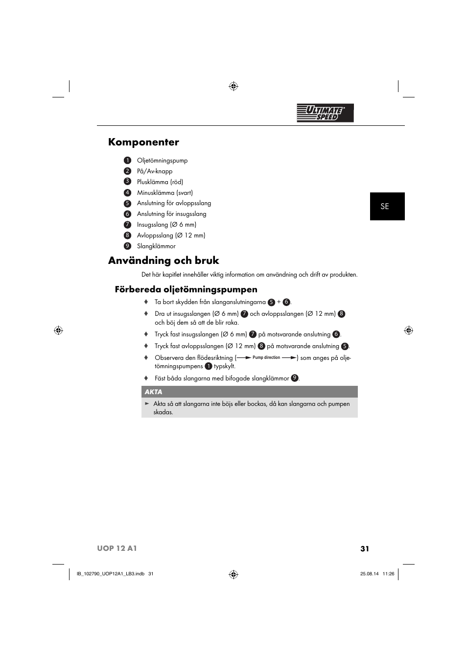 Komponenter, Användning och bruk, Förbereda oljetömningspumpen | Ultimate Speed UOP 12 A1 User Manual | Page 34 / 76