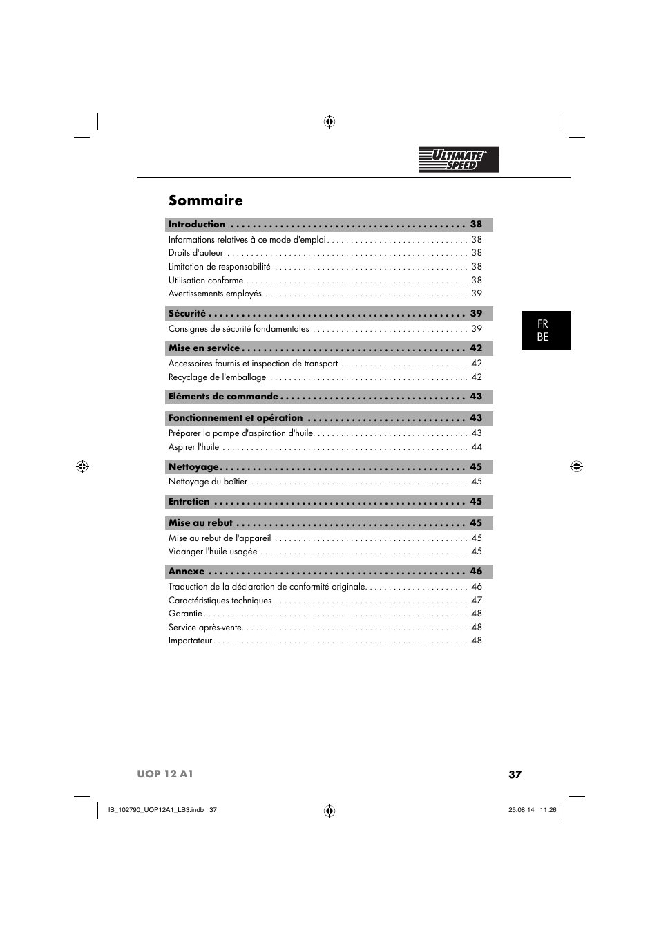 Sommaire, Fr be | Ultimate Speed UOP 12 A1 User Manual | Page 40 / 76
