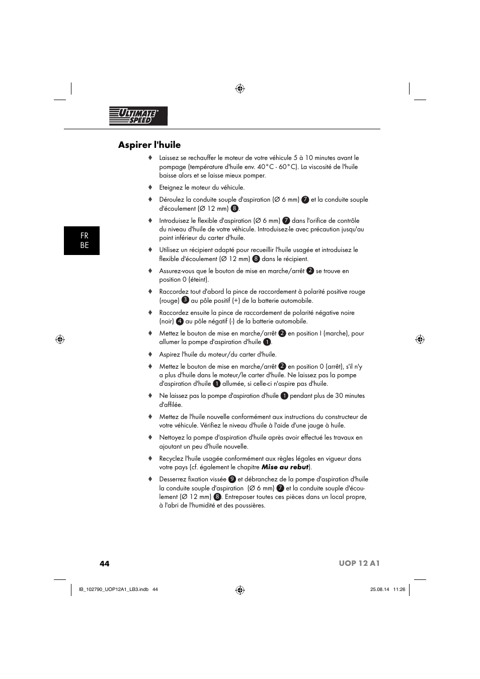 Aspirer l'huile, Fr be | Ultimate Speed UOP 12 A1 User Manual | Page 47 / 76