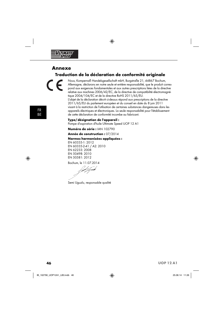 Annexe, Fr be | Ultimate Speed UOP 12 A1 User Manual | Page 49 / 76