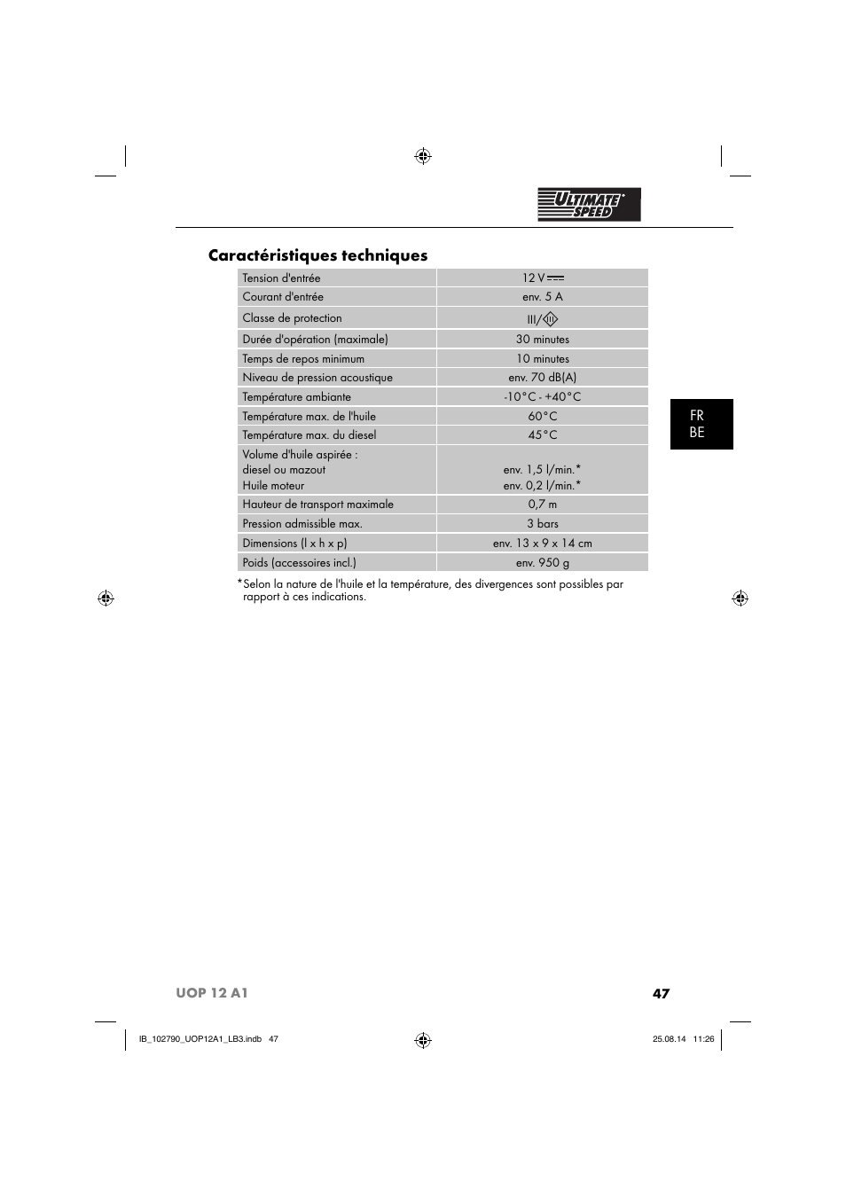 Caractéristiques techniques, Fr be | Ultimate Speed UOP 12 A1 User Manual | Page 50 / 76