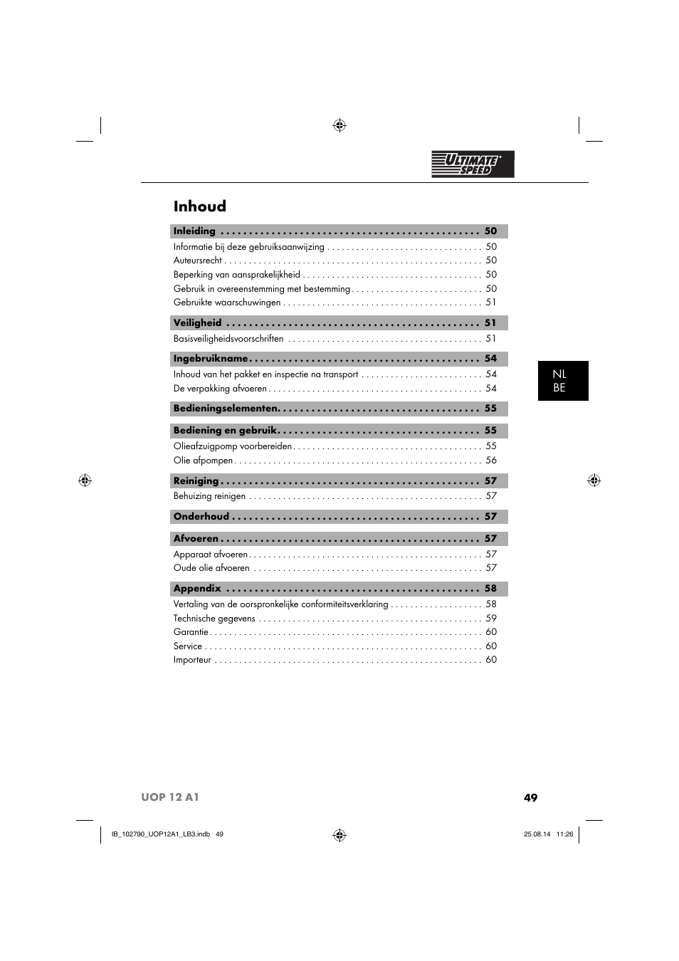 Inhoud, Nl be | Ultimate Speed UOP 12 A1 User Manual | Page 52 / 76