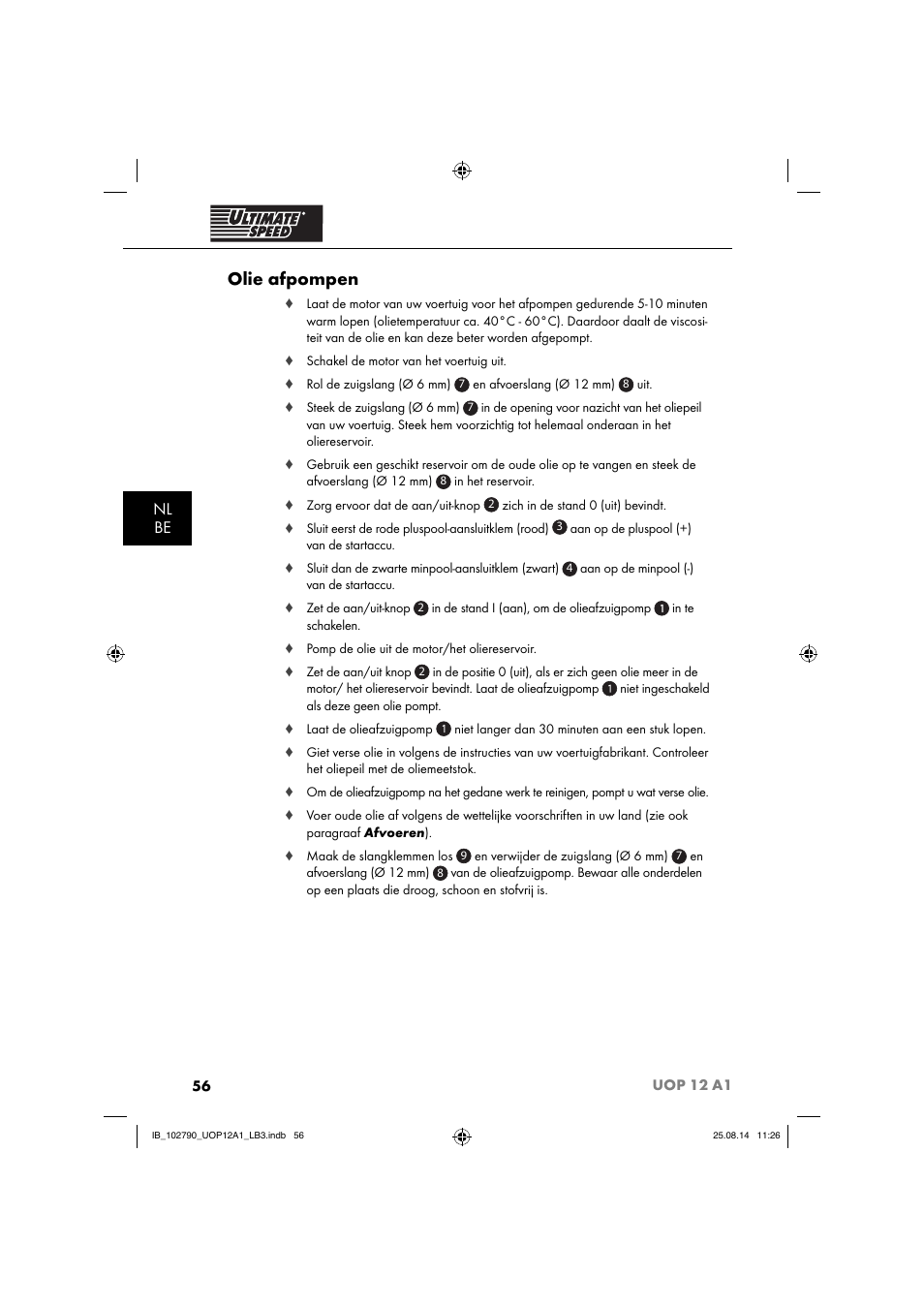 Olie afpompen, Nl be | Ultimate Speed UOP 12 A1 User Manual | Page 59 / 76
