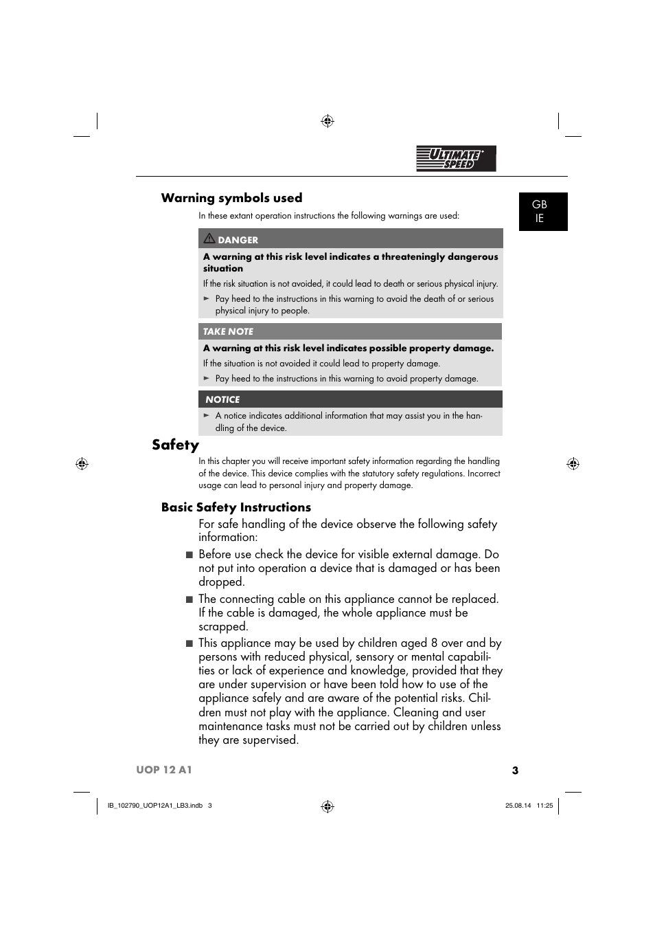 Safety, Warning symbols used, Gb ie | Ultimate Speed UOP 12 A1 User Manual | Page 6 / 76