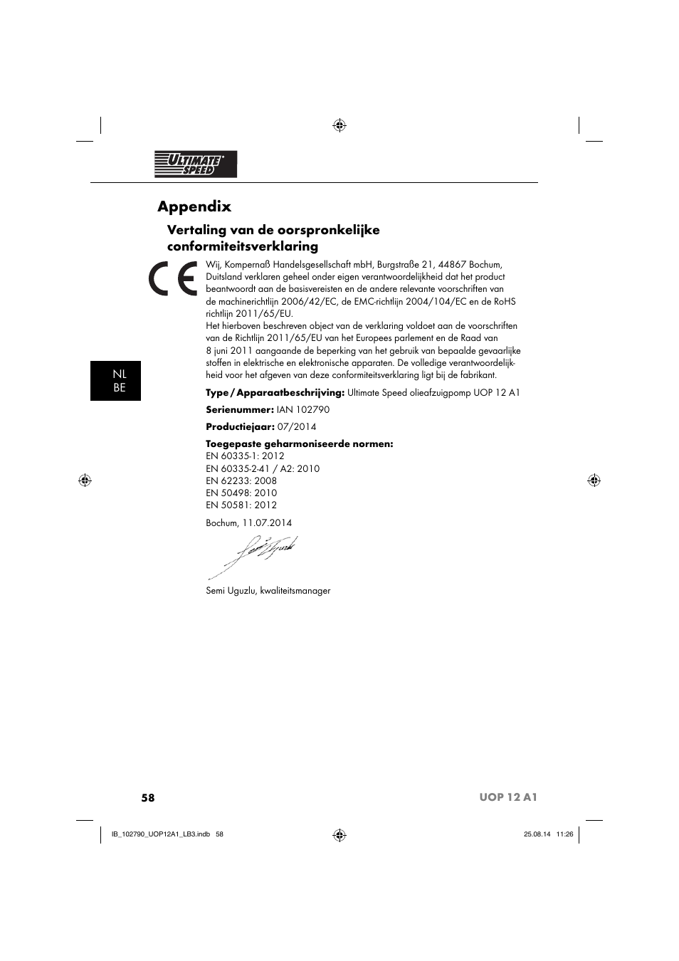 Appendix, Nl be | Ultimate Speed UOP 12 A1 User Manual | Page 61 / 76