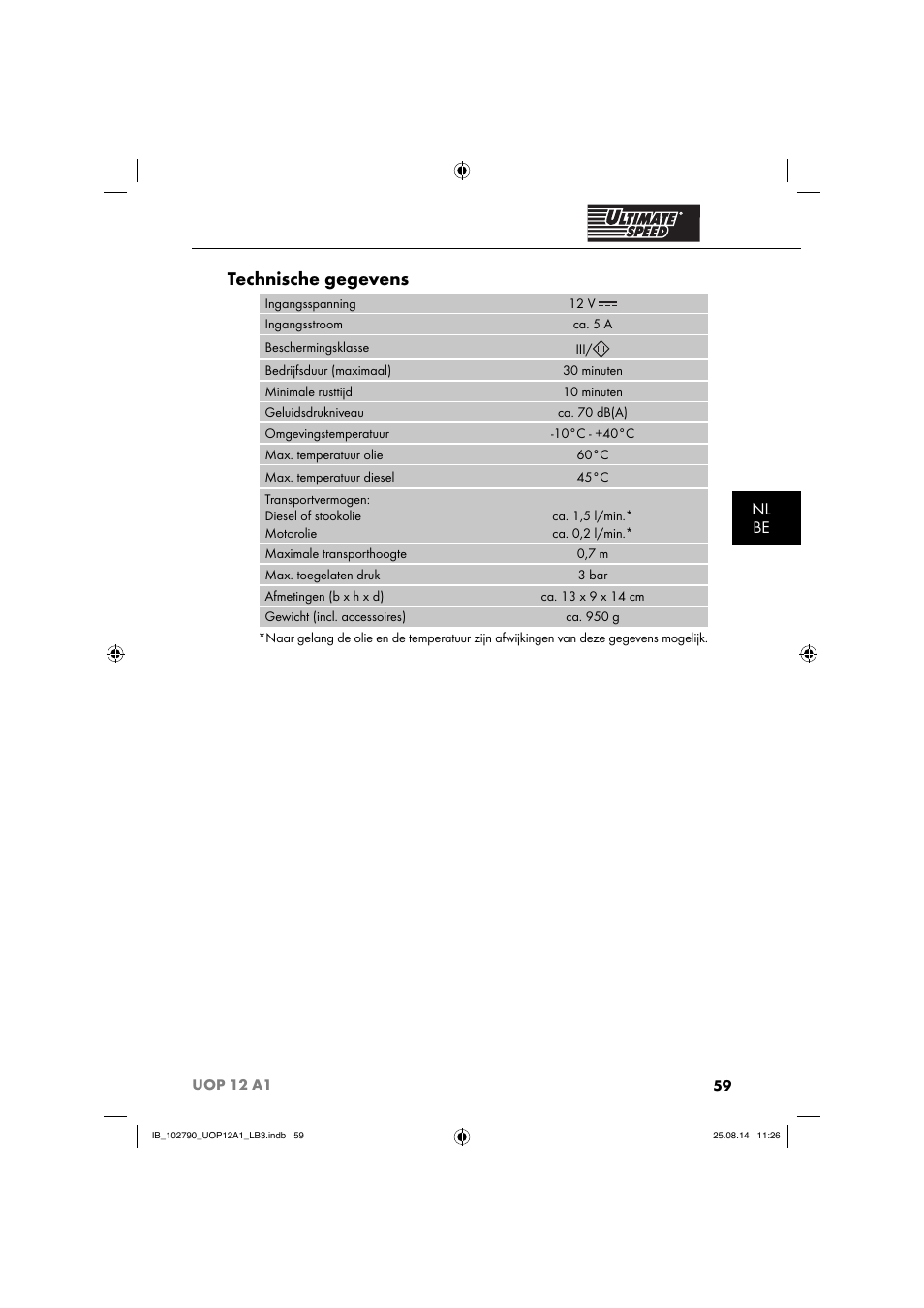 Technische gegevens, Nl be | Ultimate Speed UOP 12 A1 User Manual | Page 62 / 76
