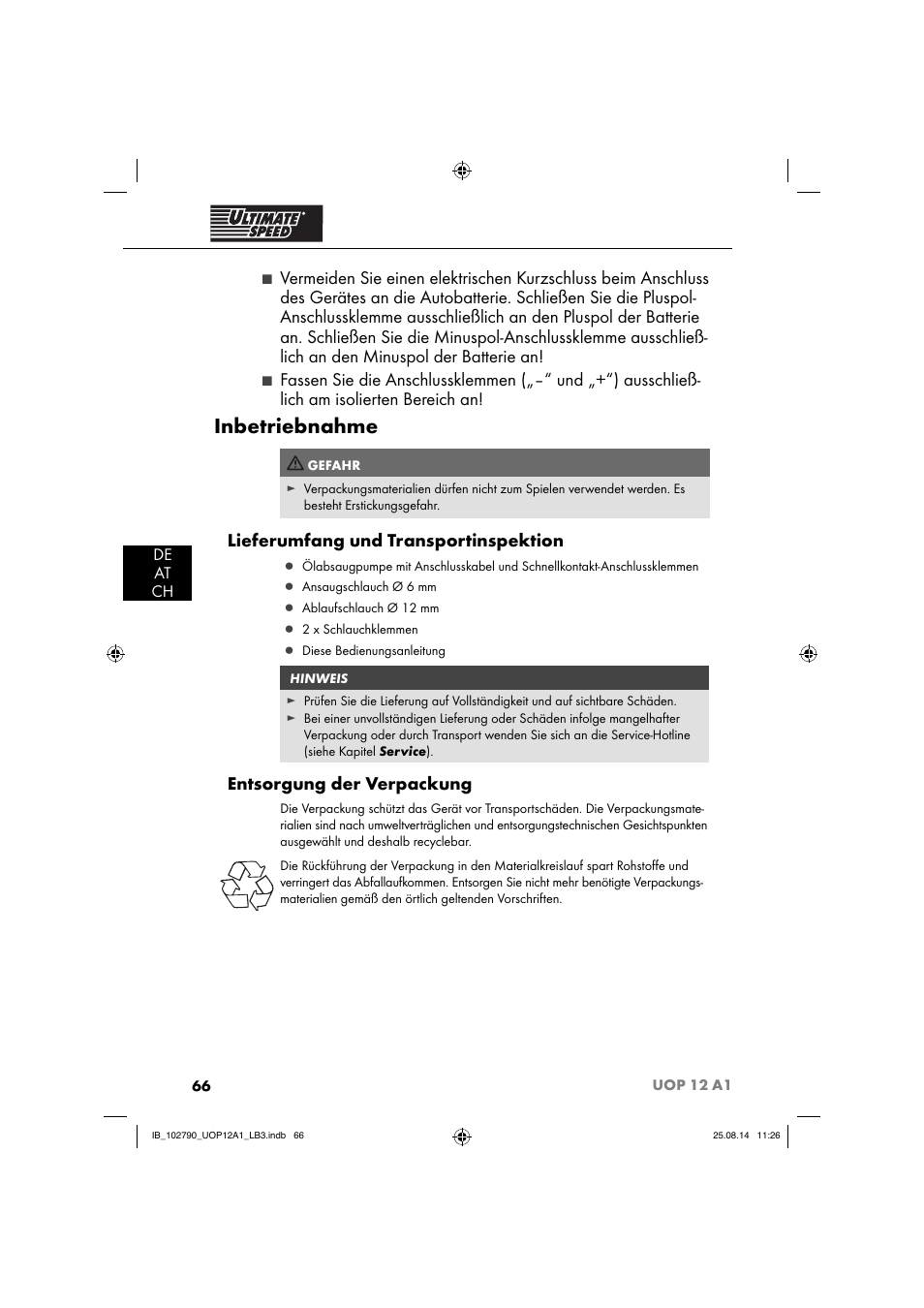 Inbetriebnahme, Lieferumfang und transportinspektion, Entsorgung der verpackung | De at ch | Ultimate Speed UOP 12 A1 User Manual | Page 69 / 76