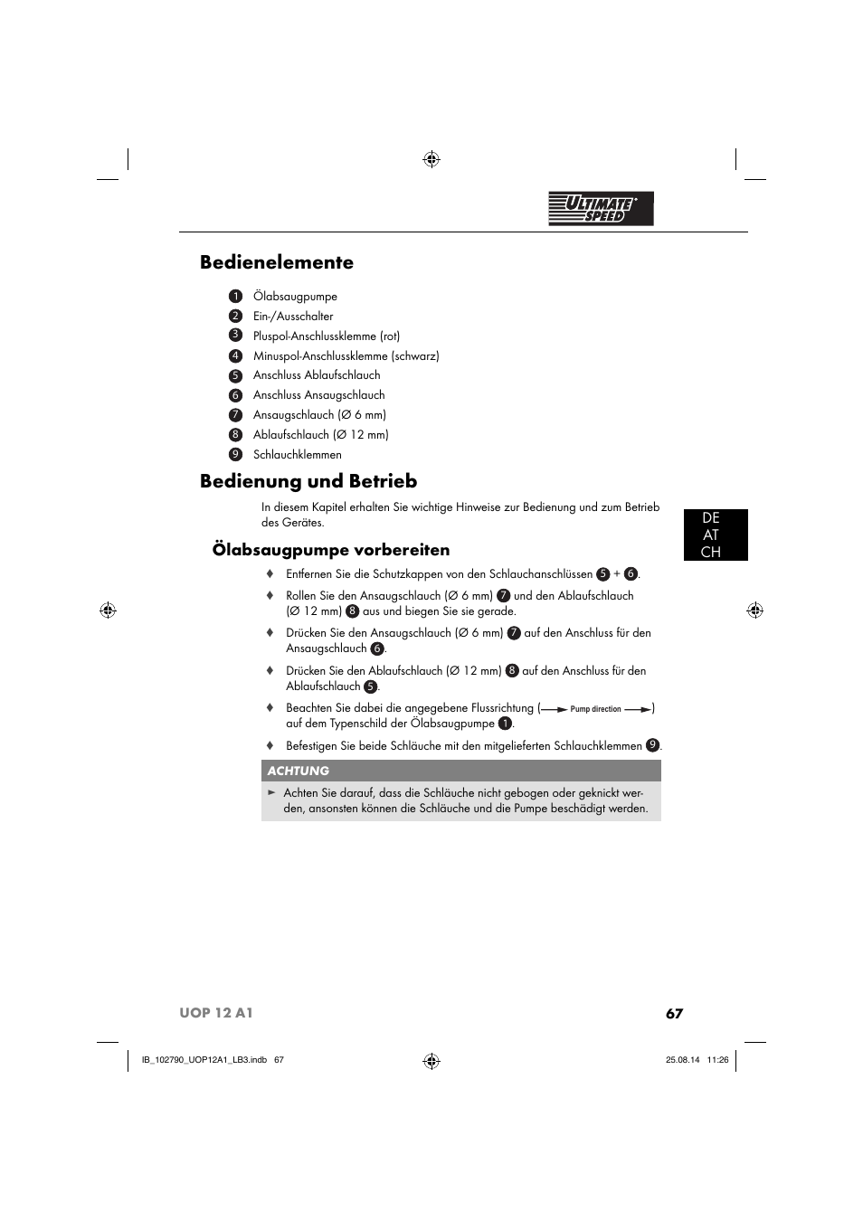 Bedienelemente, Bedienung und betrieb, Ölabsaugpumpe vorbereiten | De at ch | Ultimate Speed UOP 12 A1 User Manual | Page 70 / 76