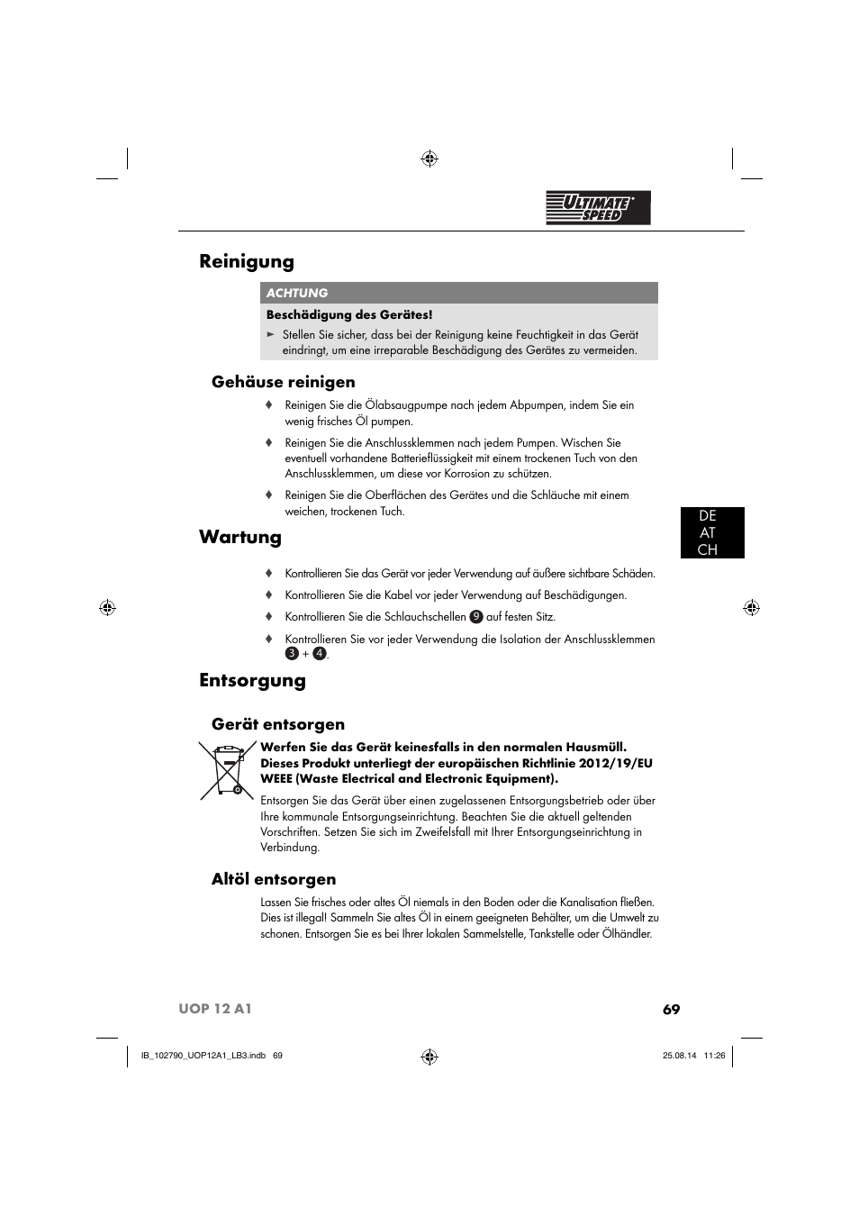 Reinigung, Wartung, Entsorgung | Gehäuse reinigen, Gerät entsorgen, Altöl entsorgen, De at ch | Ultimate Speed UOP 12 A1 User Manual | Page 72 / 76