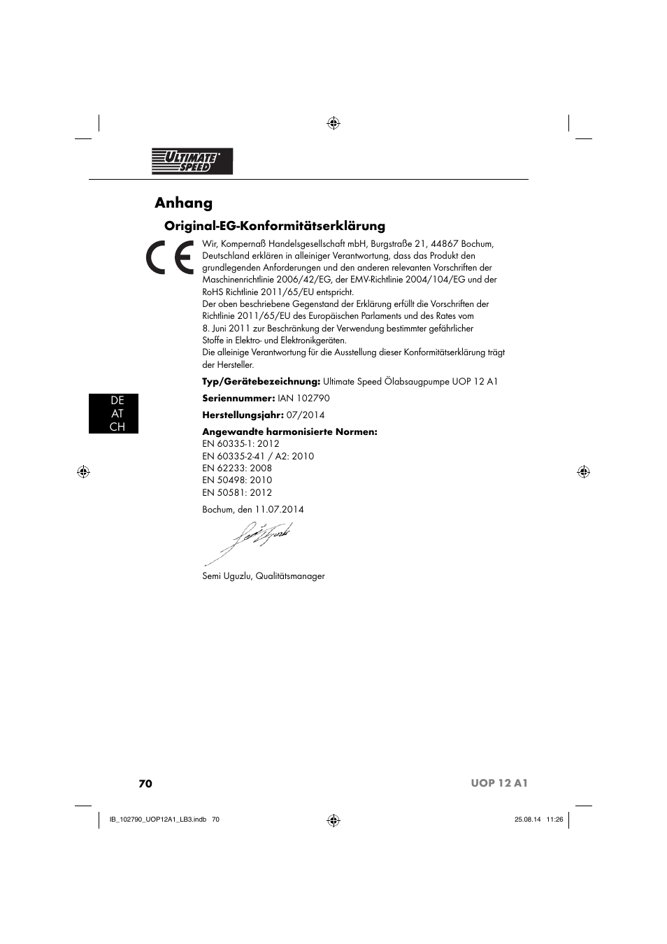 Anhang, Original-eg-konformitätserklärung, De at ch | Ultimate Speed UOP 12 A1 User Manual | Page 73 / 76