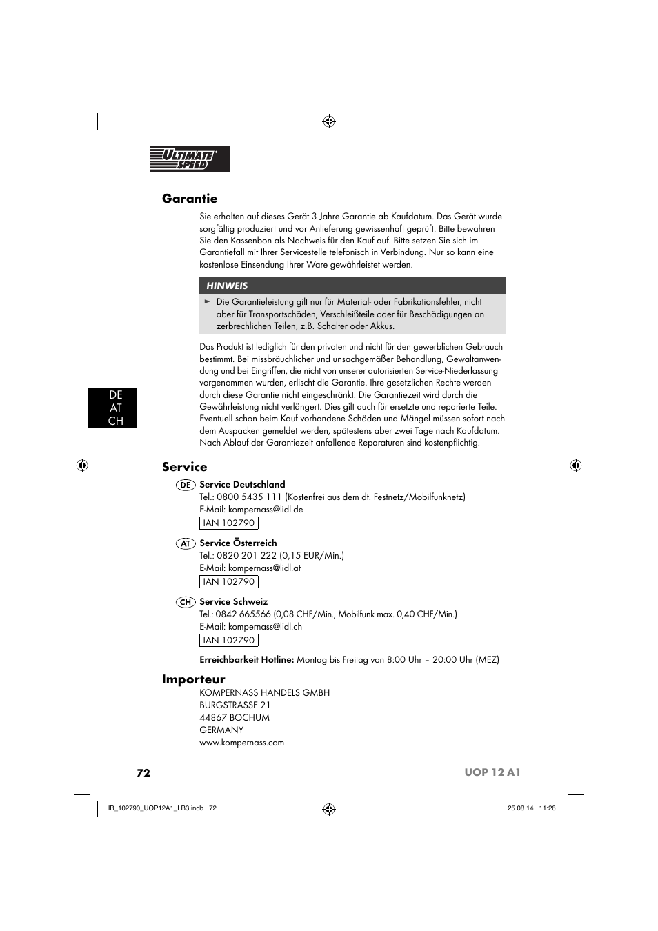 Garantie, Service, Importeur | De at ch | Ultimate Speed UOP 12 A1 User Manual | Page 75 / 76