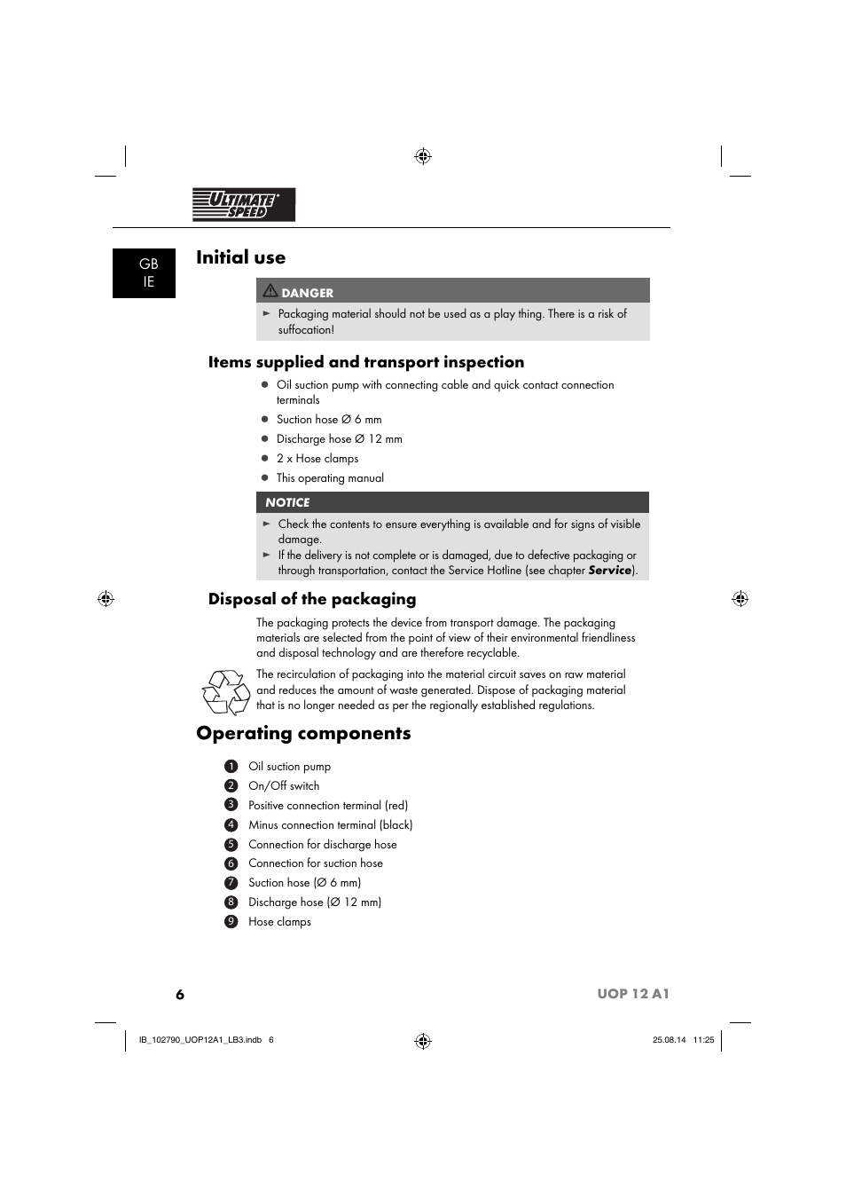 Initial use, Operating components, Items supplied and transport inspection | Disposal of the packaging, Gb ie | Ultimate Speed UOP 12 A1 User Manual | Page 9 / 76