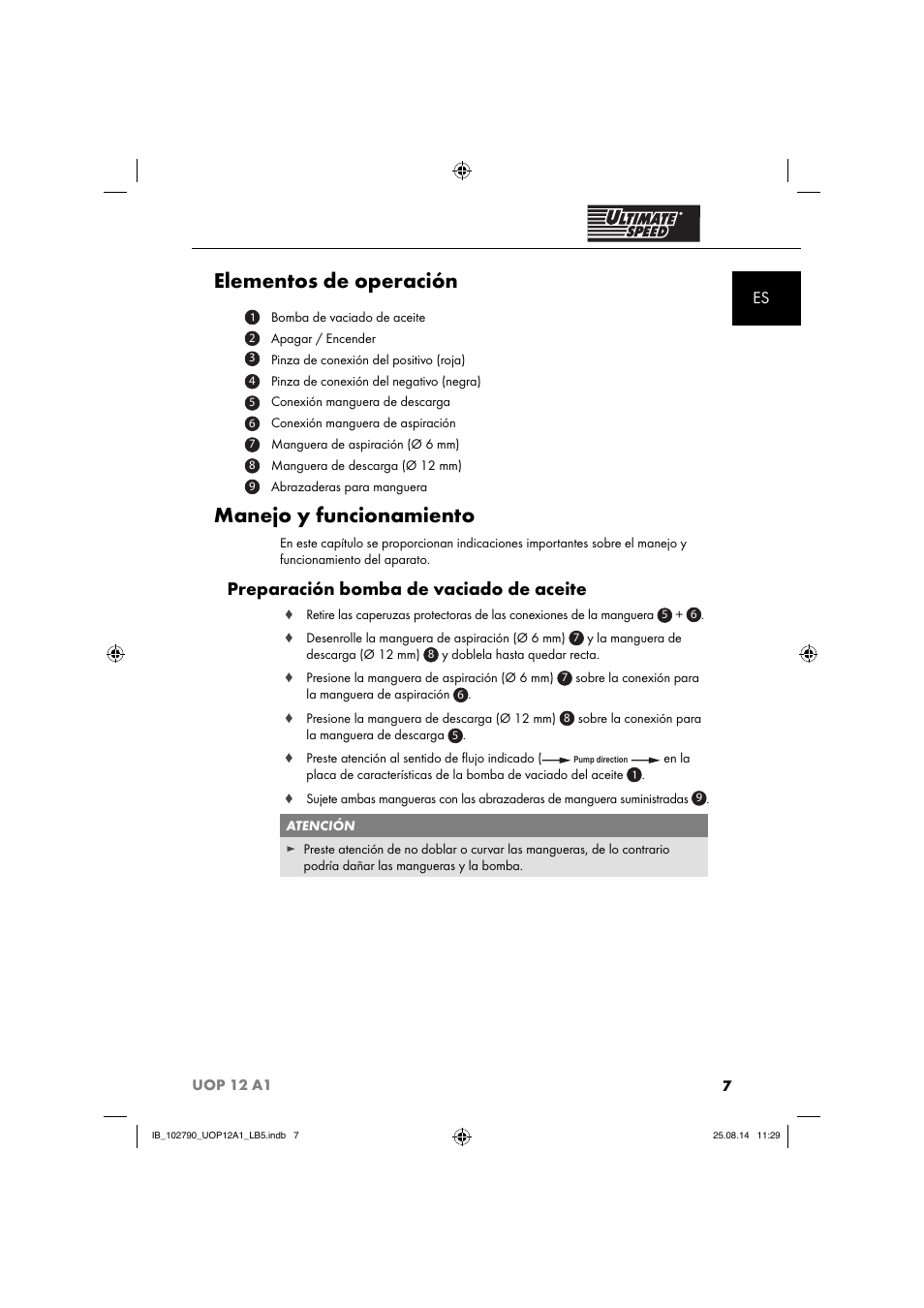 Elementos de operación, Manejo y funcionamiento, Preparación bomba de vaciado de aceite | Ultimate Speed UOP 12 A1 User Manual | Page 10 / 52