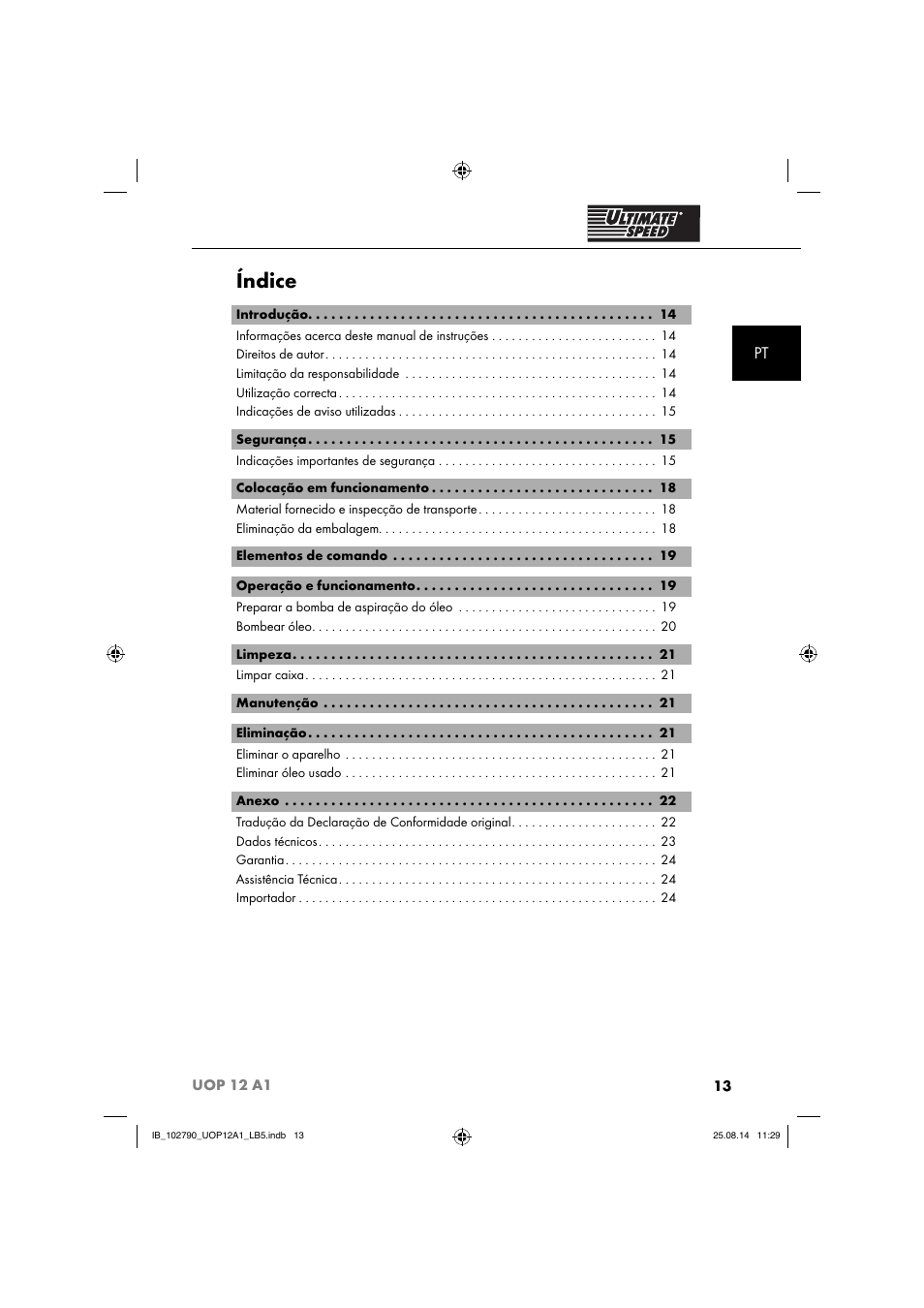 Índice | Ultimate Speed UOP 12 A1 User Manual | Page 16 / 52