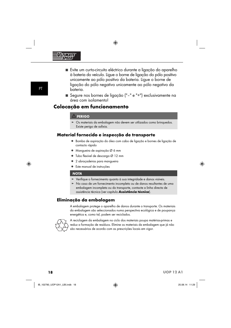 Colocação em funcionamento, Material fornecido e inspecção de transporte, Eliminação da embalagem | Ultimate Speed UOP 12 A1 User Manual | Page 21 / 52