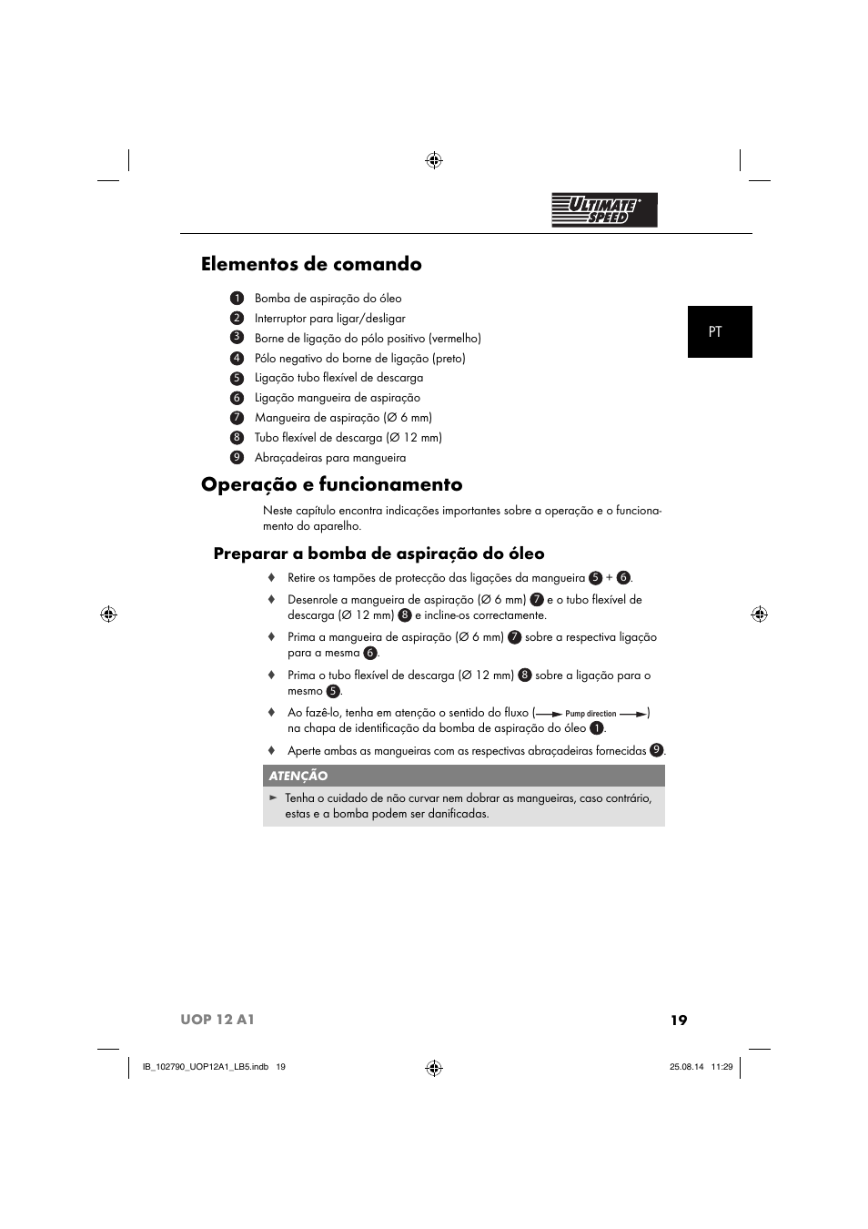 Elementos de comando, Operação e funcionamento, Preparar a bomba de aspiração do óleo | Ultimate Speed UOP 12 A1 User Manual | Page 22 / 52