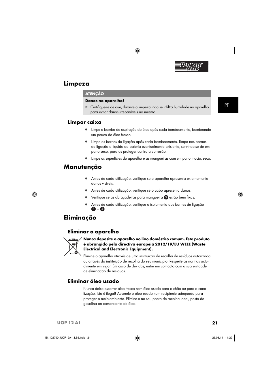 Limpeza, Manutenção, Eliminação | Limpar caixa, Eliminar o aparelho, Eliminar óleo usado | Ultimate Speed UOP 12 A1 User Manual | Page 24 / 52